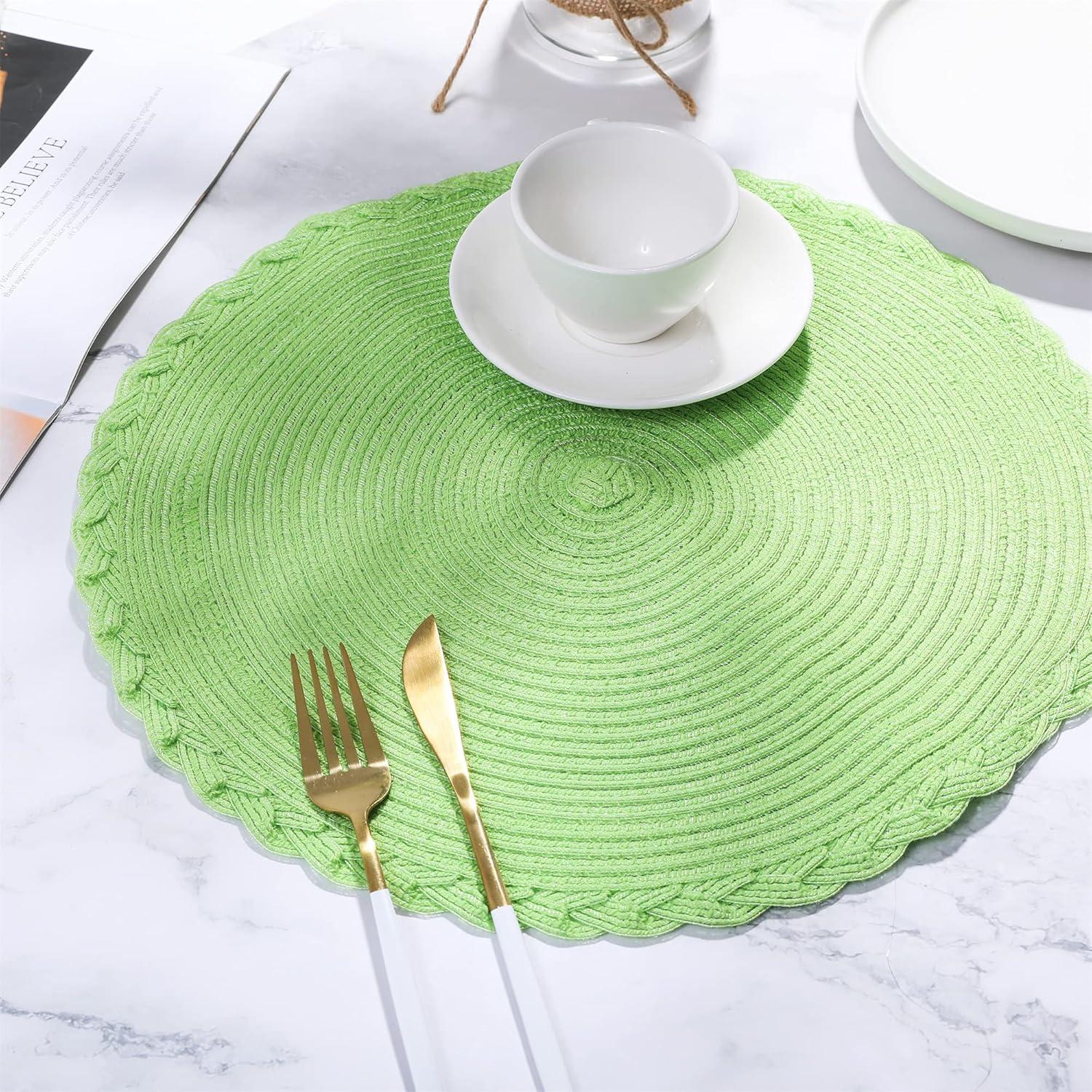 Placemats Set of 6, Lime Green Placemats Set of 6, Round Woven Placemats for Indoor and Outdoor, Washable Woven Placemats for St Patricks Day Placemats, 15 Inch