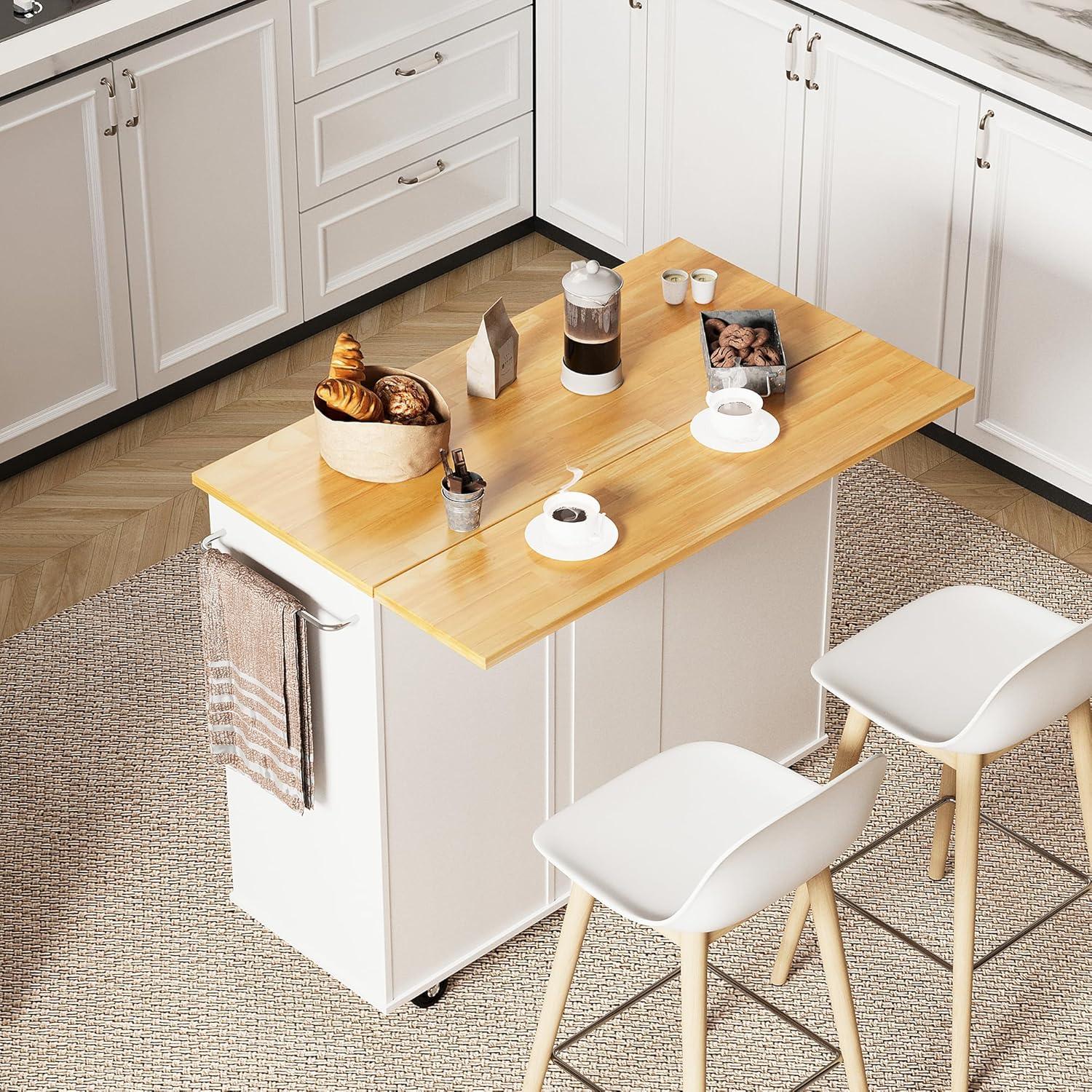 Sobaniilo Small Kitchen Island on Wheels with 3-Tier Side Spice Rack and Rubber Wood Top, Trolley Cart with Storage Cabinet & Drawer and Handle/Towel Rack, White