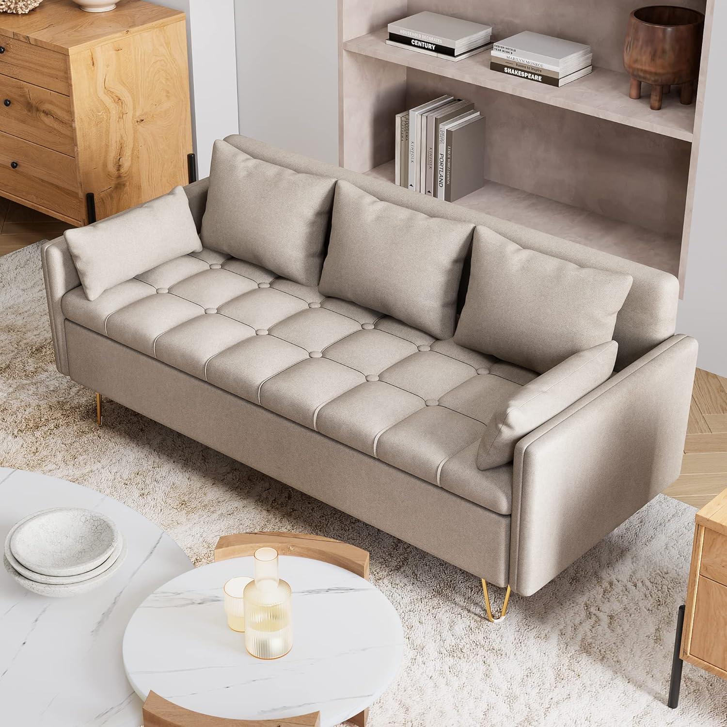 Beige Tufted Faux Leather Sofa with Storage and Gold Legs