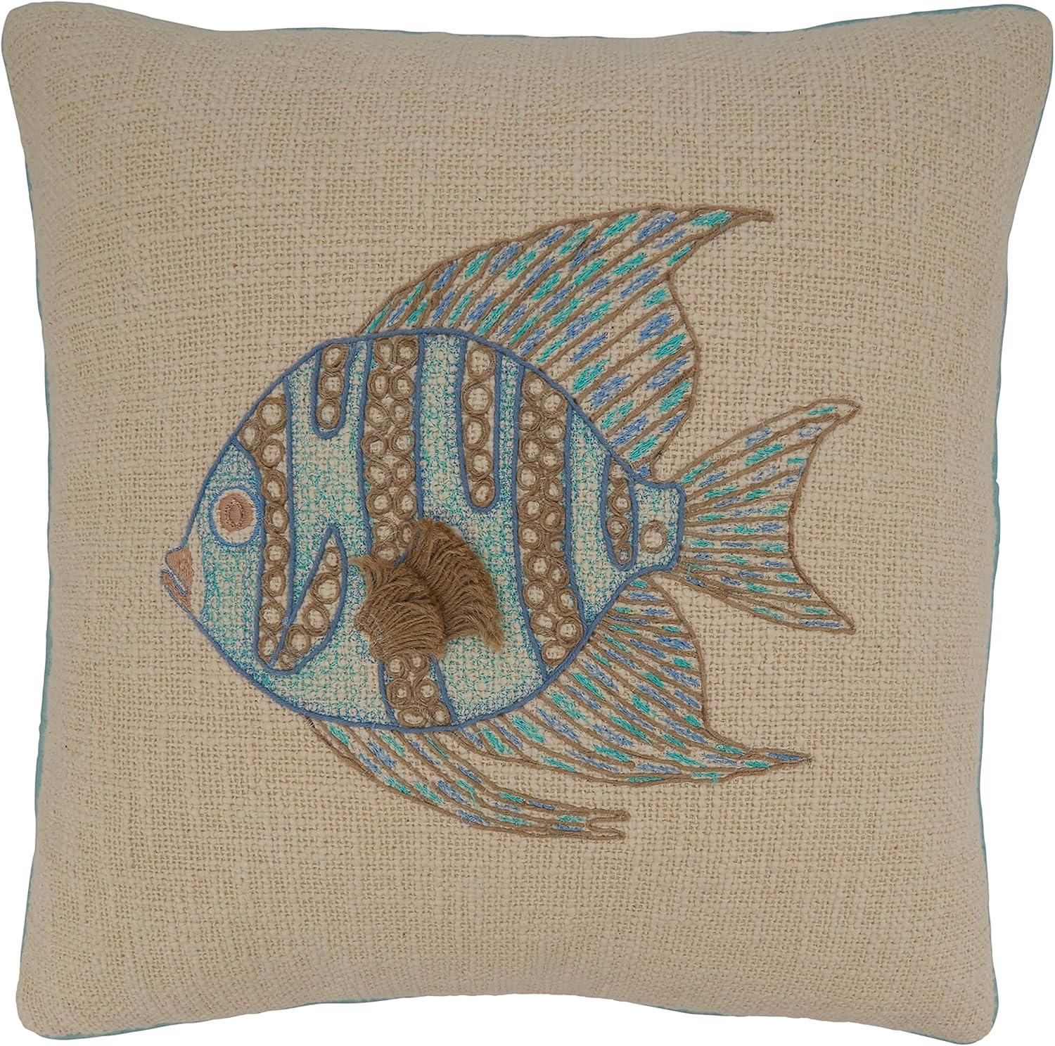 Aqua Embroidered Fish Cotton Euro Pillow Cover