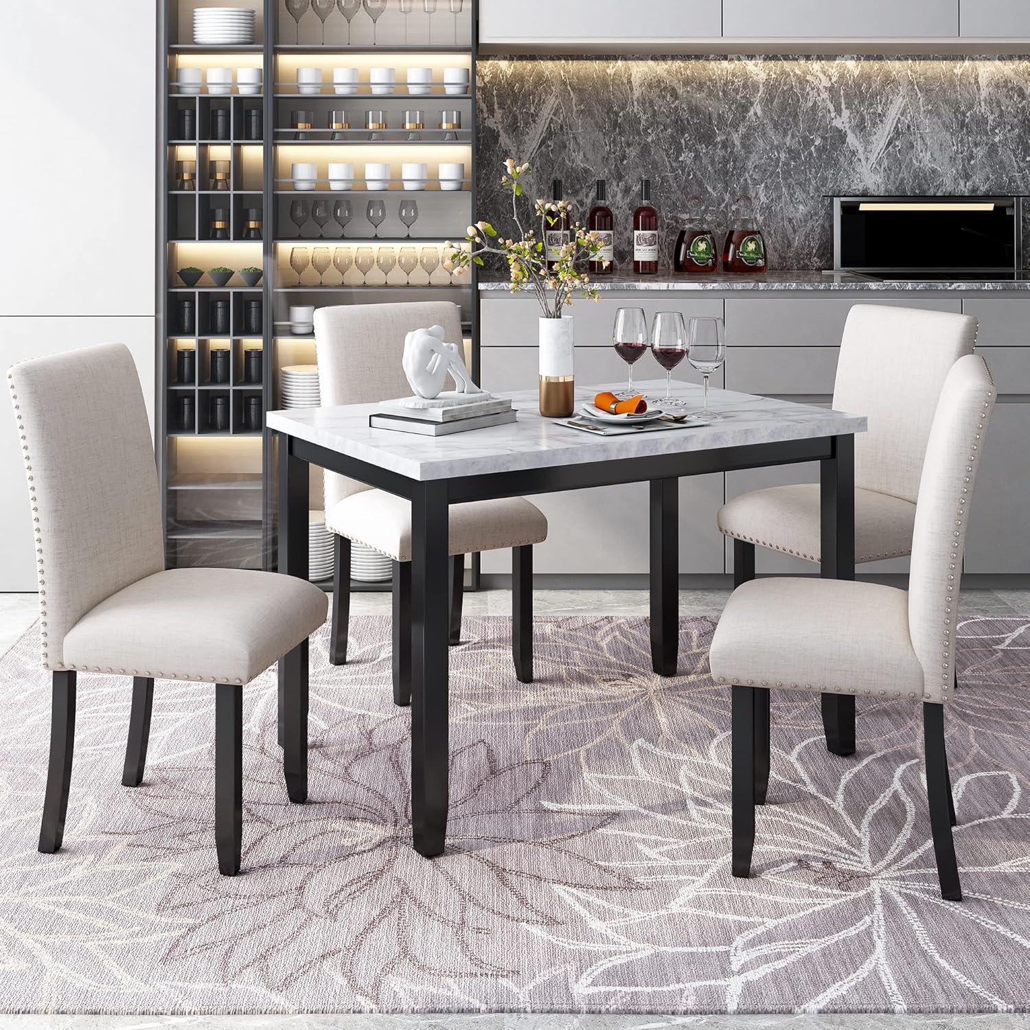 Rectangular Faux Marble Dining Set with Beige Cushioned Chairs