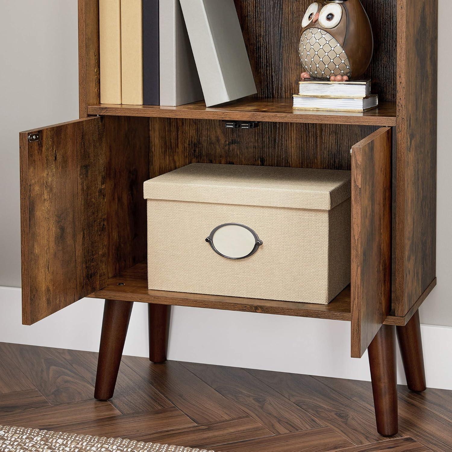 Walnut 2-Tier Mid-Century Modern Bookcase with Doors