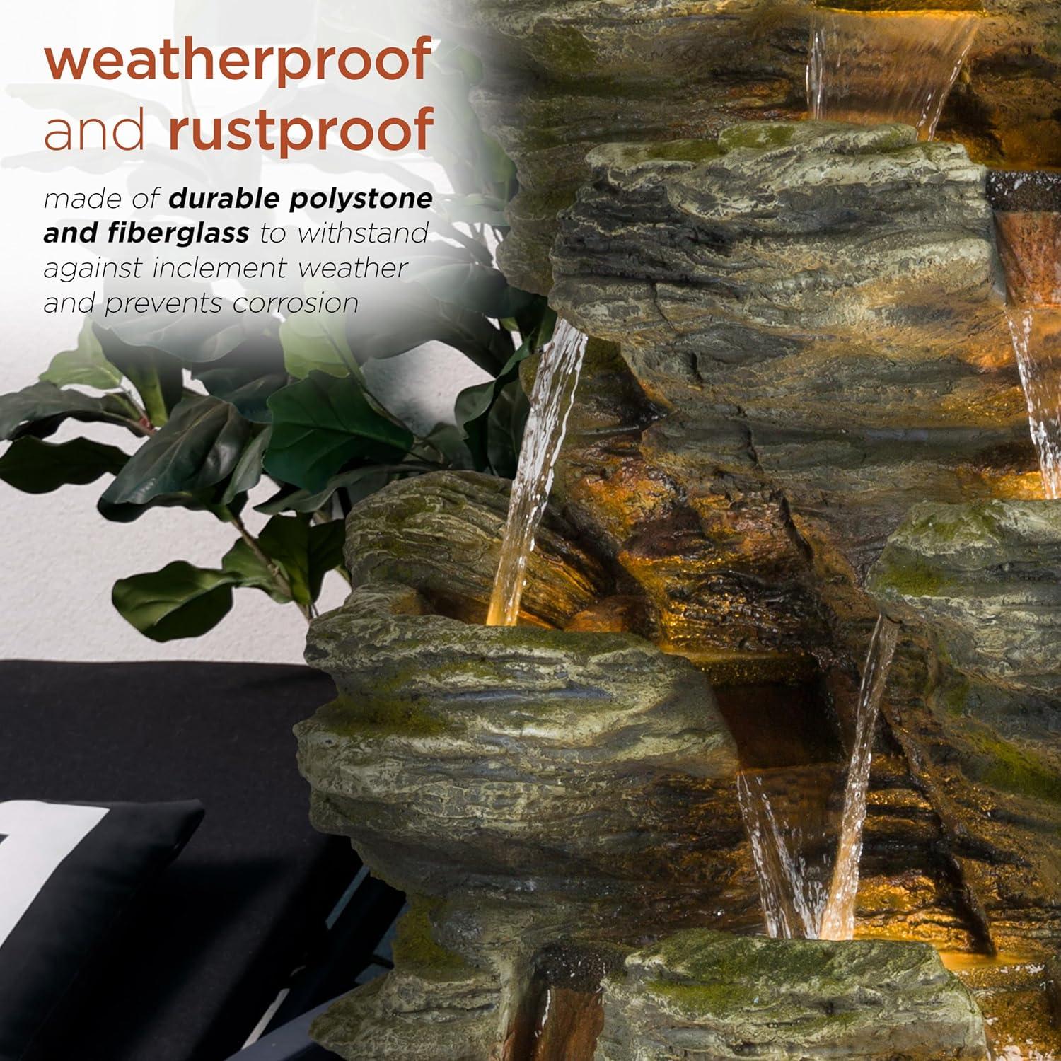 51" Resin Rock Cascading Fountain with LED Lights Gray - Alpine Corporation: Waterfall Feature, Birdbath
