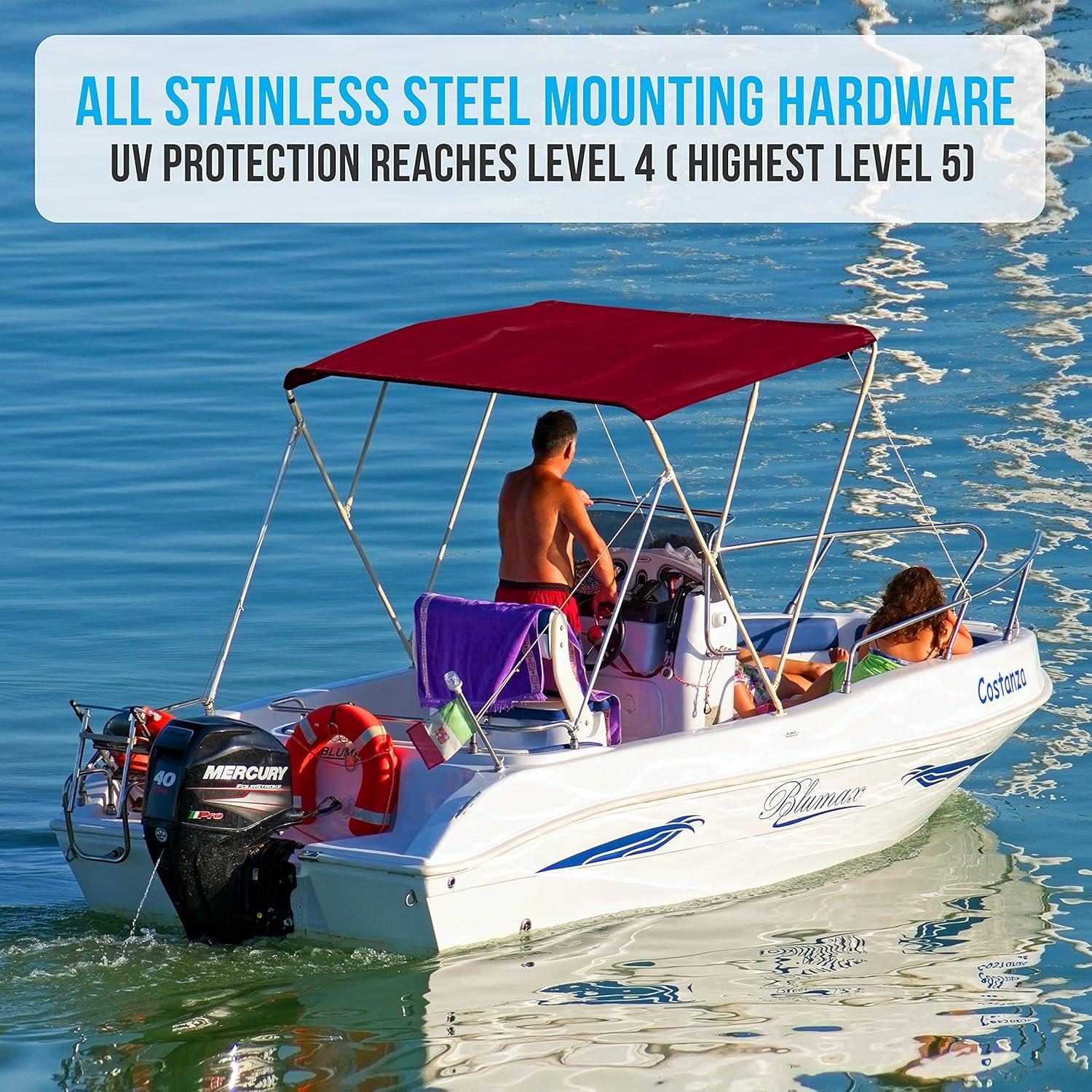 SereneLife 3 Bow Bimini Top - 2 Straps And 2 Rear Support Poles With Marine-Grade 600D Polyester Canvas (Gray) | Wayfair