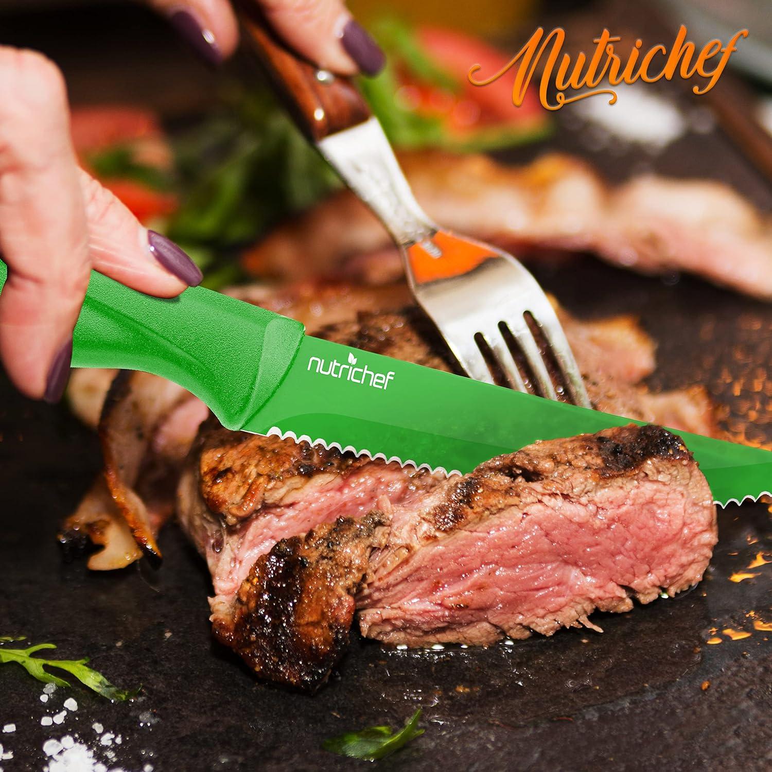 NutriChef 8-Piece Steak Knives Set with Non-Stick Coating and Stainless Steel Blades - Green