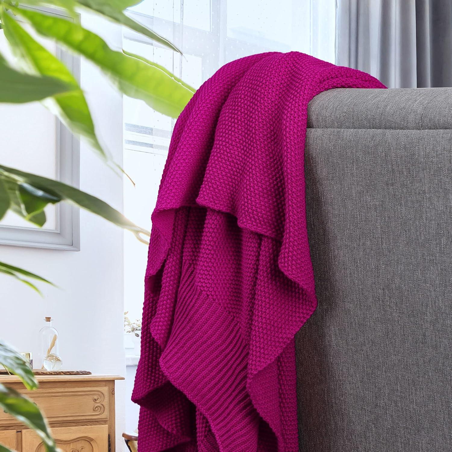 PiccoCasa Sofa Couch Solid Lightweight Cotton Knit Soft Throw Blanket Fuchsia Throw (50" * 60")