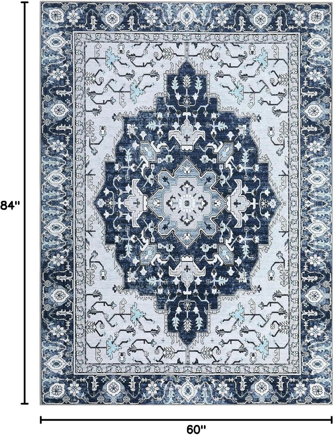 Soft Area Rug 5x7, Washable Living Bedroom Rug Low-Pile Vintage Rugs, Non-Slip Non-Shed Floral Print Accent Floor Carpet for Dining Room Home Office, Updated Blue