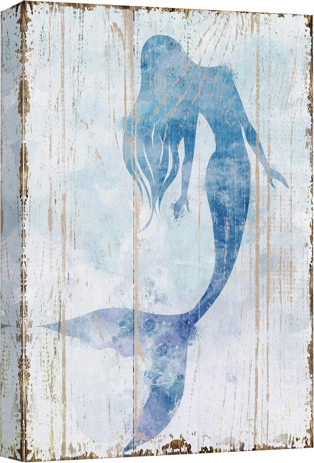 wall26 Canvas Print Wall Art Mermaid Swimming on Watercolor Wood Panels Fantasy & Sci-Fi Ocean Illustrations Modern Art Rustic Scenic Relax/Calm Multicolor for Living Room, Bedroom, Office - 16&q