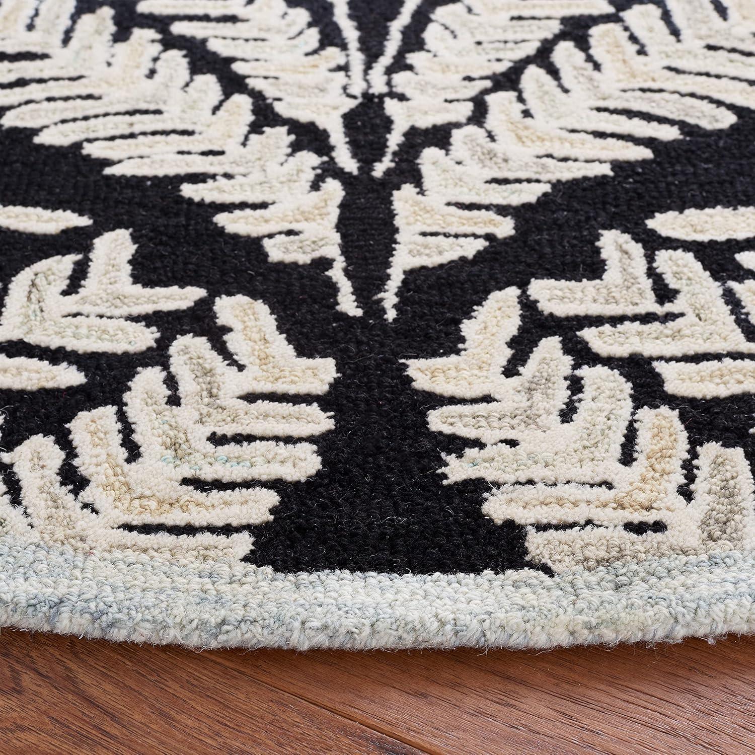 SAFAVIEH Capri Proinsias Leaves Wool Area Rug, Black/Ivory, 3' x 3' Round