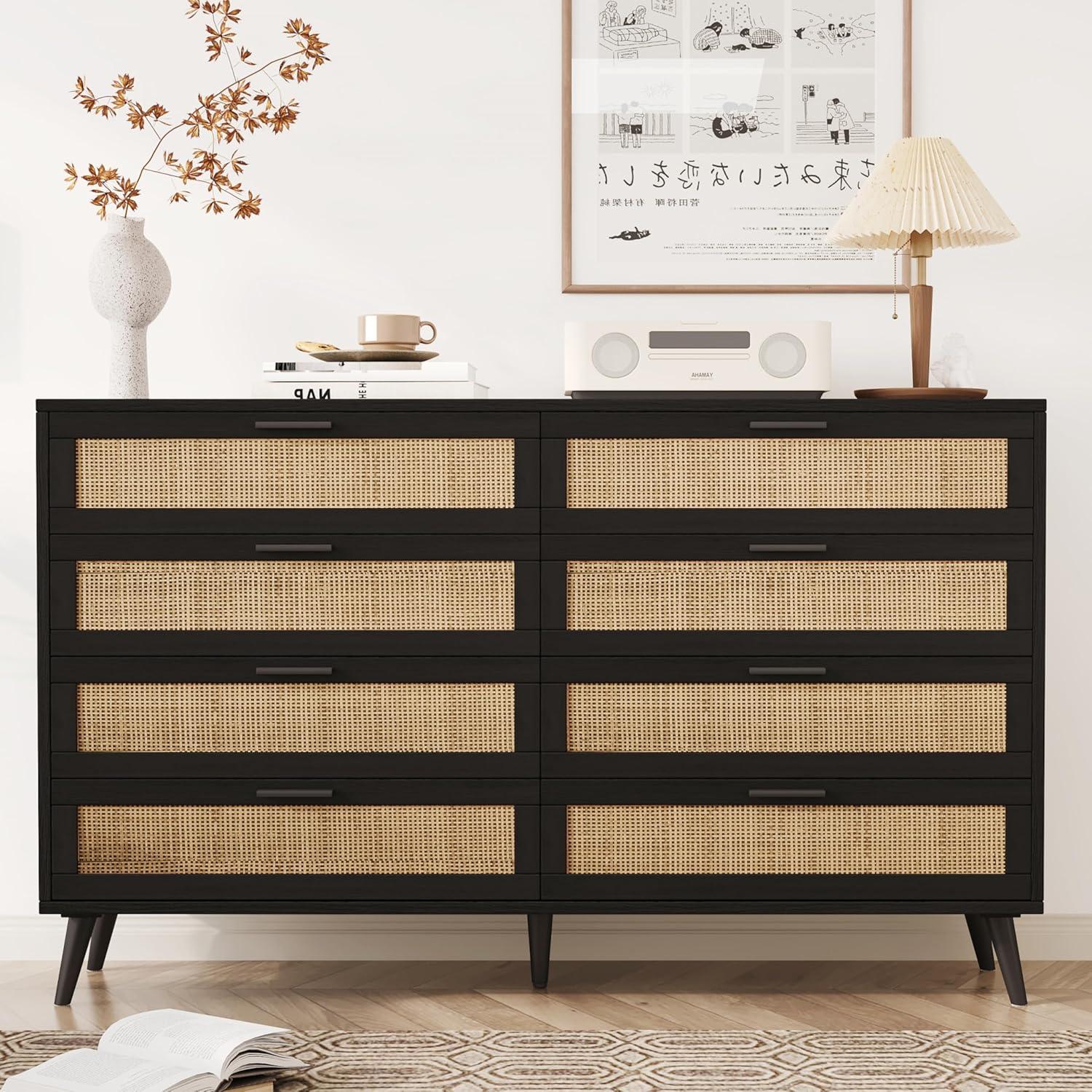 Faitaliicy 8 Drawer Double Dresser For Bedroom Wood Rattan Dresser Chest Of Drawers Modern Beside Table Wide Storage Cabinet For Closet Bedroom Living Room Entryway