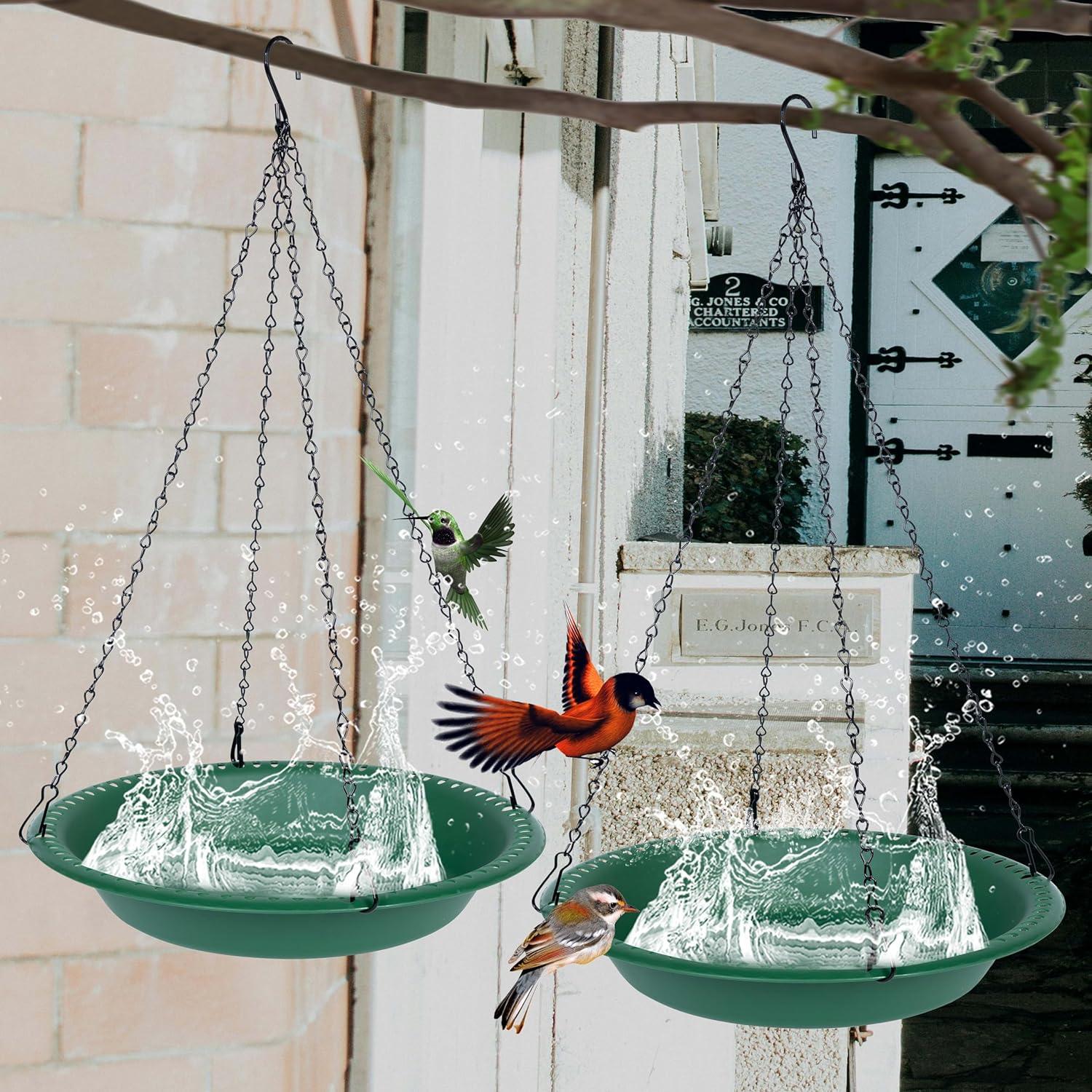 Bird Baths for Outdoors Heavy Duty, 16 inch BirdBath Bowl Only with 25” Rust-Proof Black Chains, Hanging Bird Bath Hanging Bird-Feeder for Garden Backyard Decor (Green 1 Pack)