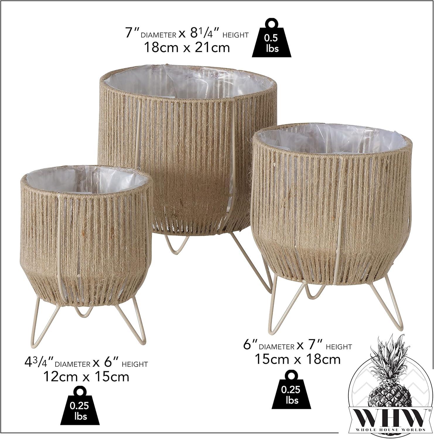 Boho Chic 3 Piece Rope Wrapped Planter Set, Natural Woven Jute, Beige Iron Framework, Plastic Lined, 6, 7 and 8 Inches, Hand Made