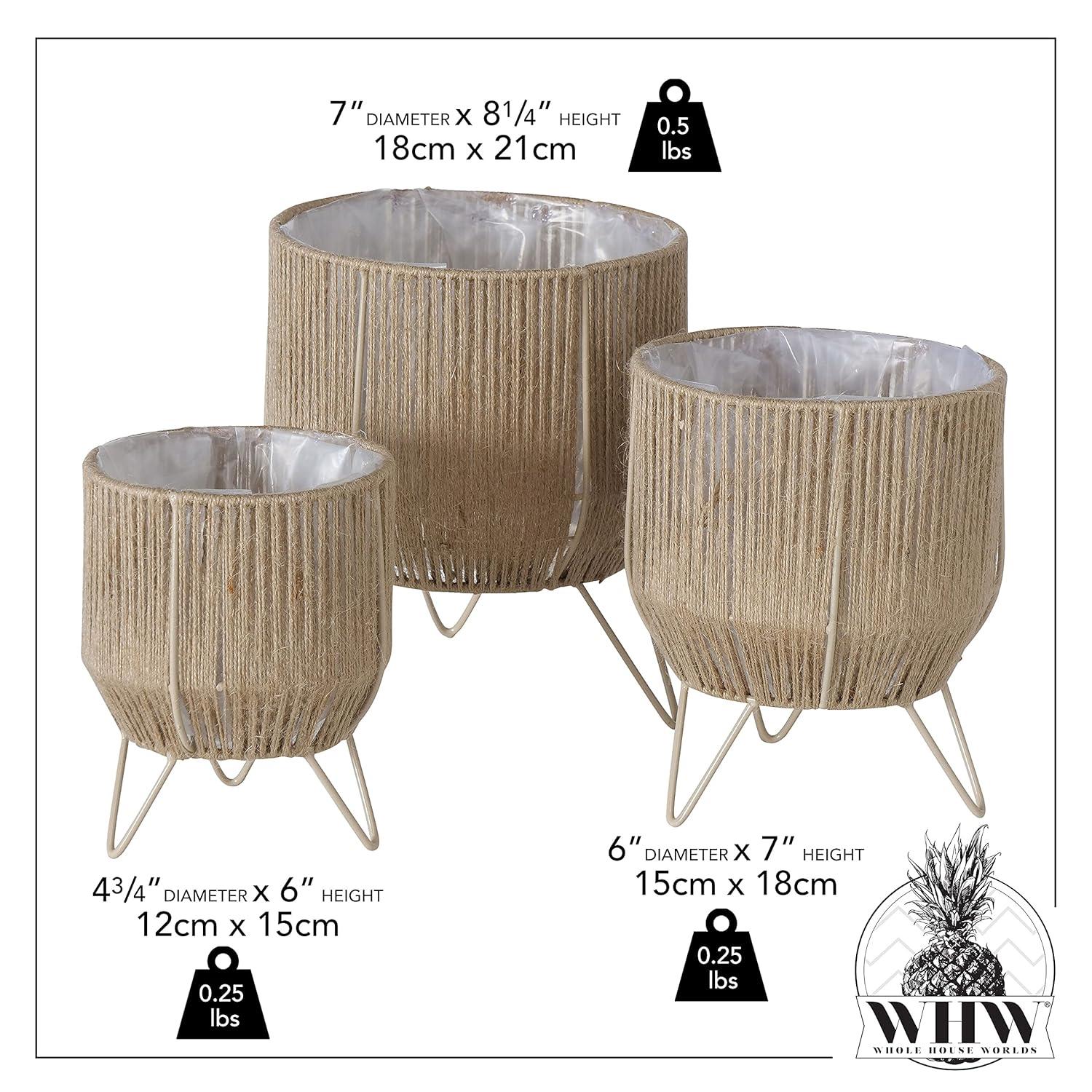 Boho Chic 3 Piece Rope Wrapped Planter Set, Natural Woven Jute, Beige Iron Framework, Plastic Lined, 6, 7 and 8 Inches, Hand Made