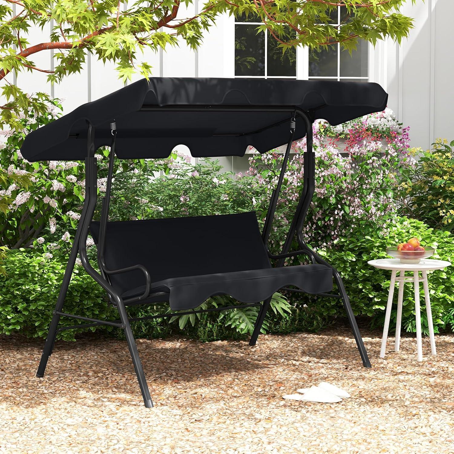 Black Steel Frame 3-Person Patio Swing with Adjustable Canopy