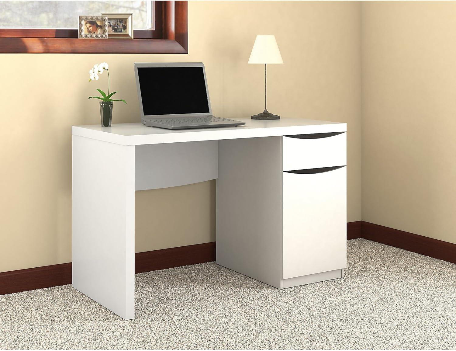 Transitional Pure White Home Office Desk with Drawer and Cabinet