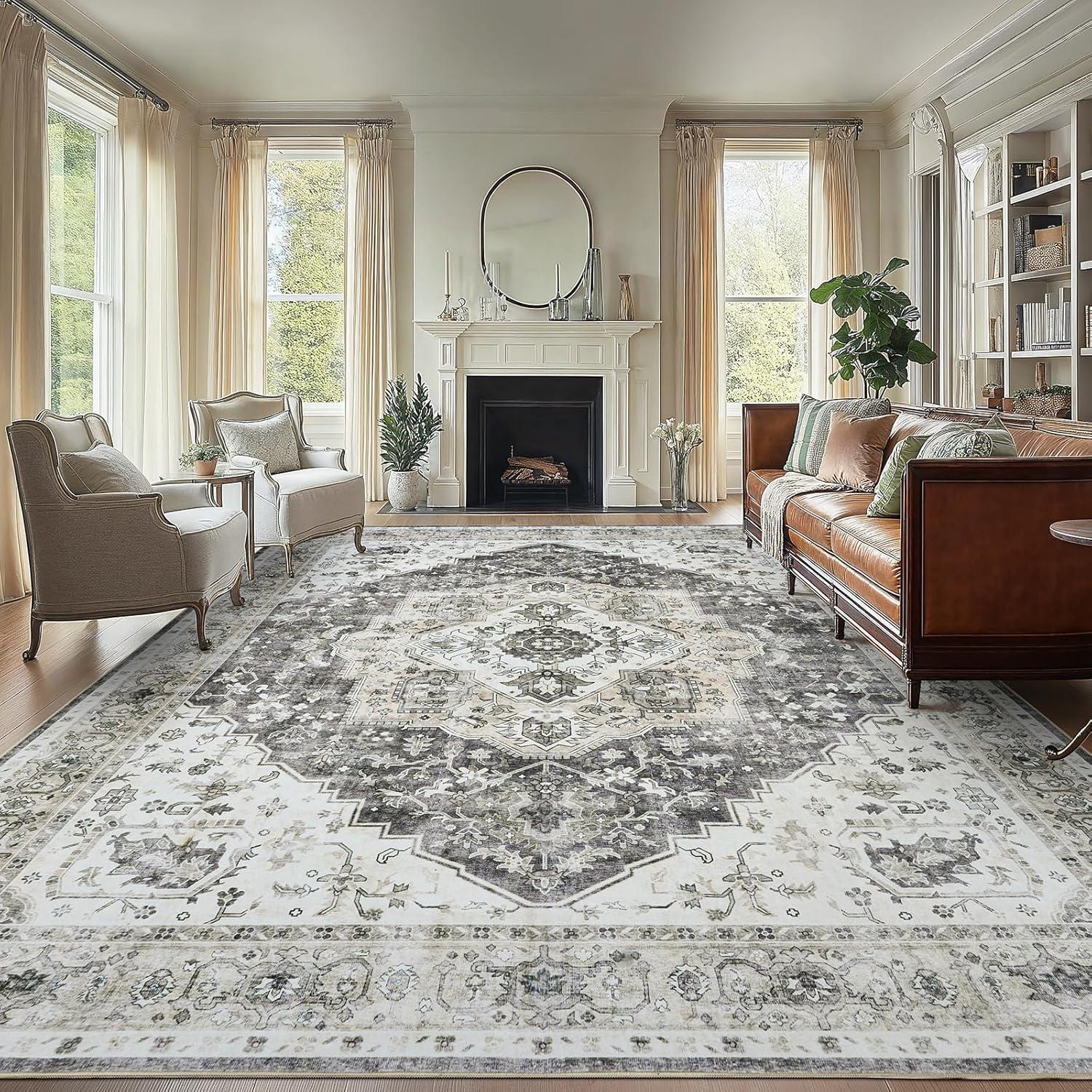 Garvee 9' x 12' Large Rug Vintage Persian Area Rugs Distressed Print Carpet Floral Pattern Rug No-Slip Low Pile Rug Living Room Bedroom Rug, Gray