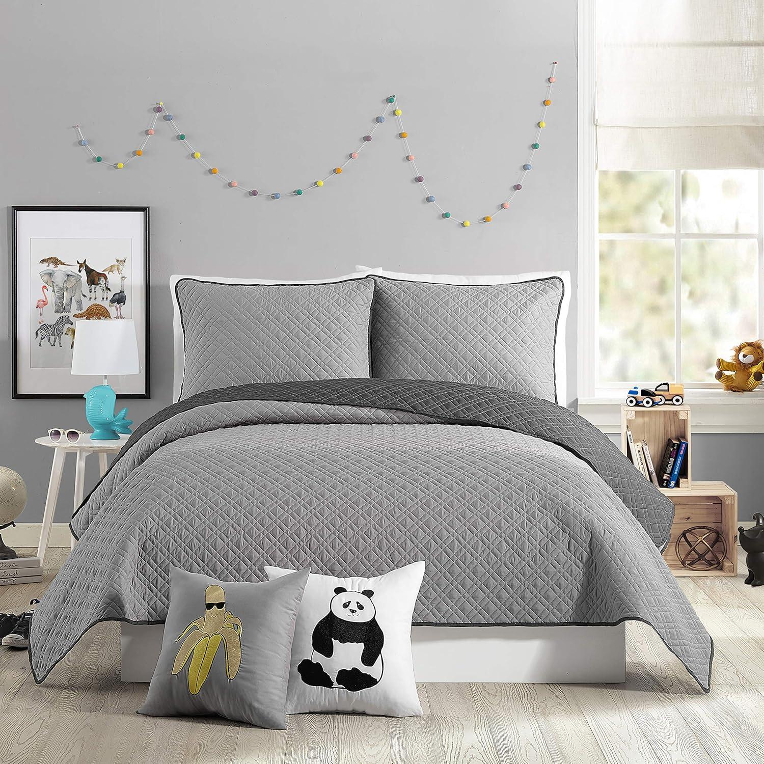 Full Gray Reversible Microfiber Kids Quilt Set