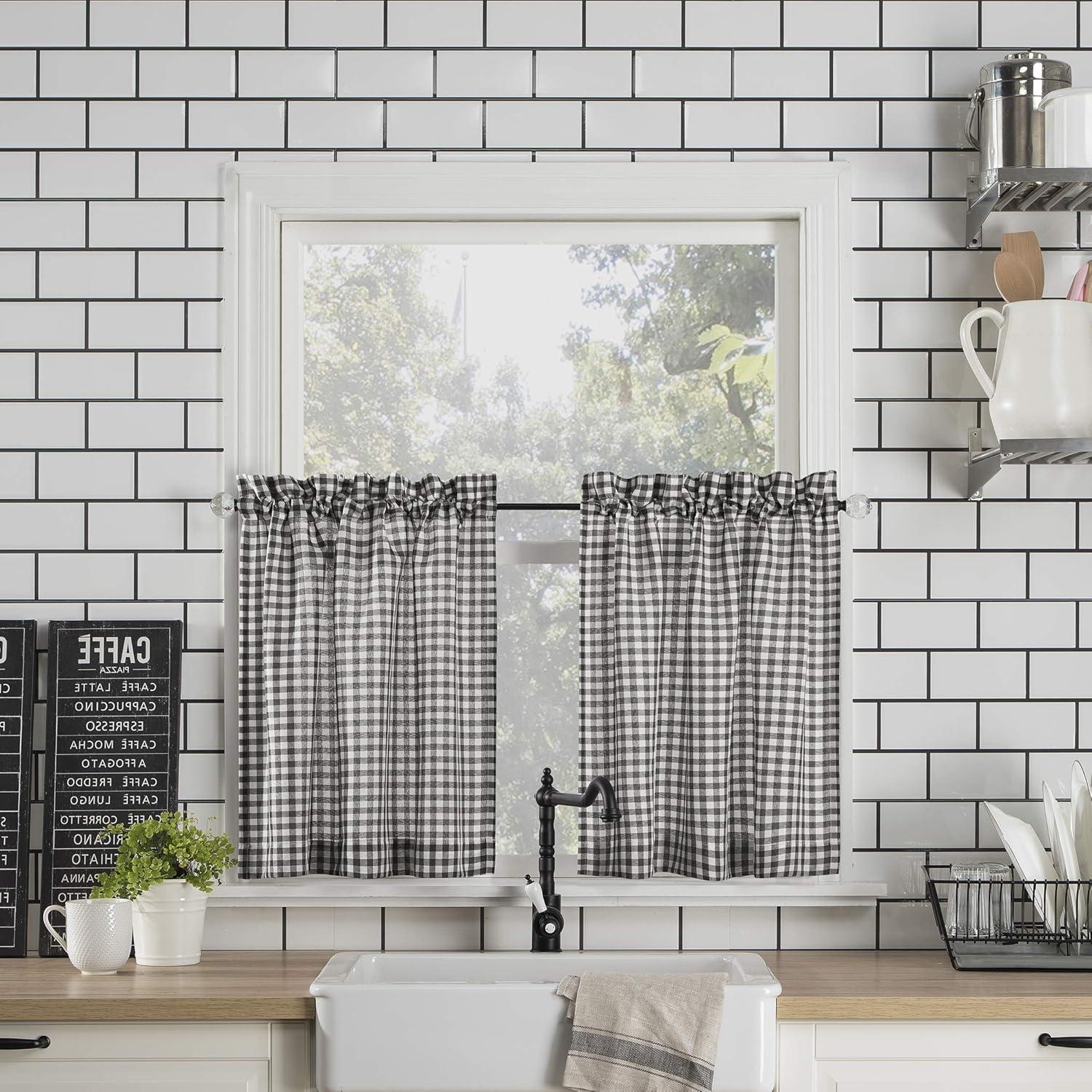 Parkham Black and White Plaid Semi-Sheer Kitchen Curtain Set