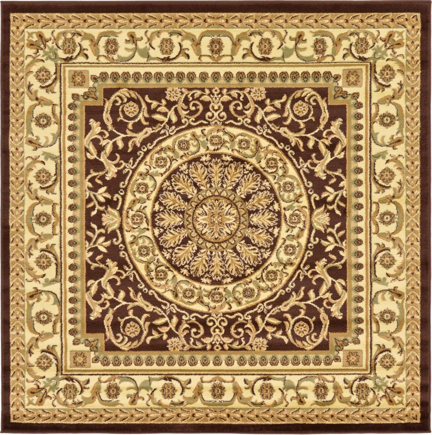 Elegant Medallion 6' Square Brown Synthetic Area Rug