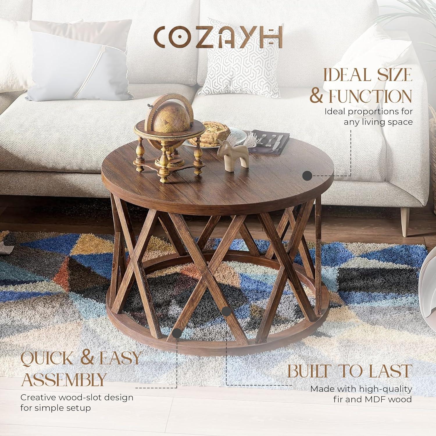 COZAYH Farmhouse Coffee Table, Rustic Round Coffee Table with X-Motifs Legs, Wood Textured Top, for Boho, French Country Decor, Brown