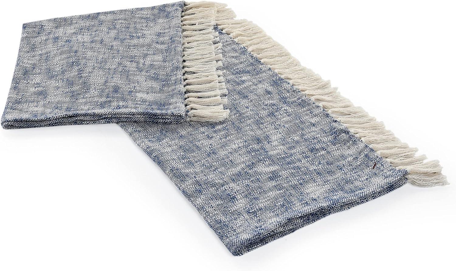 Navy Blue and Off-White Cotton Chambray Throw Blanket with Fringe