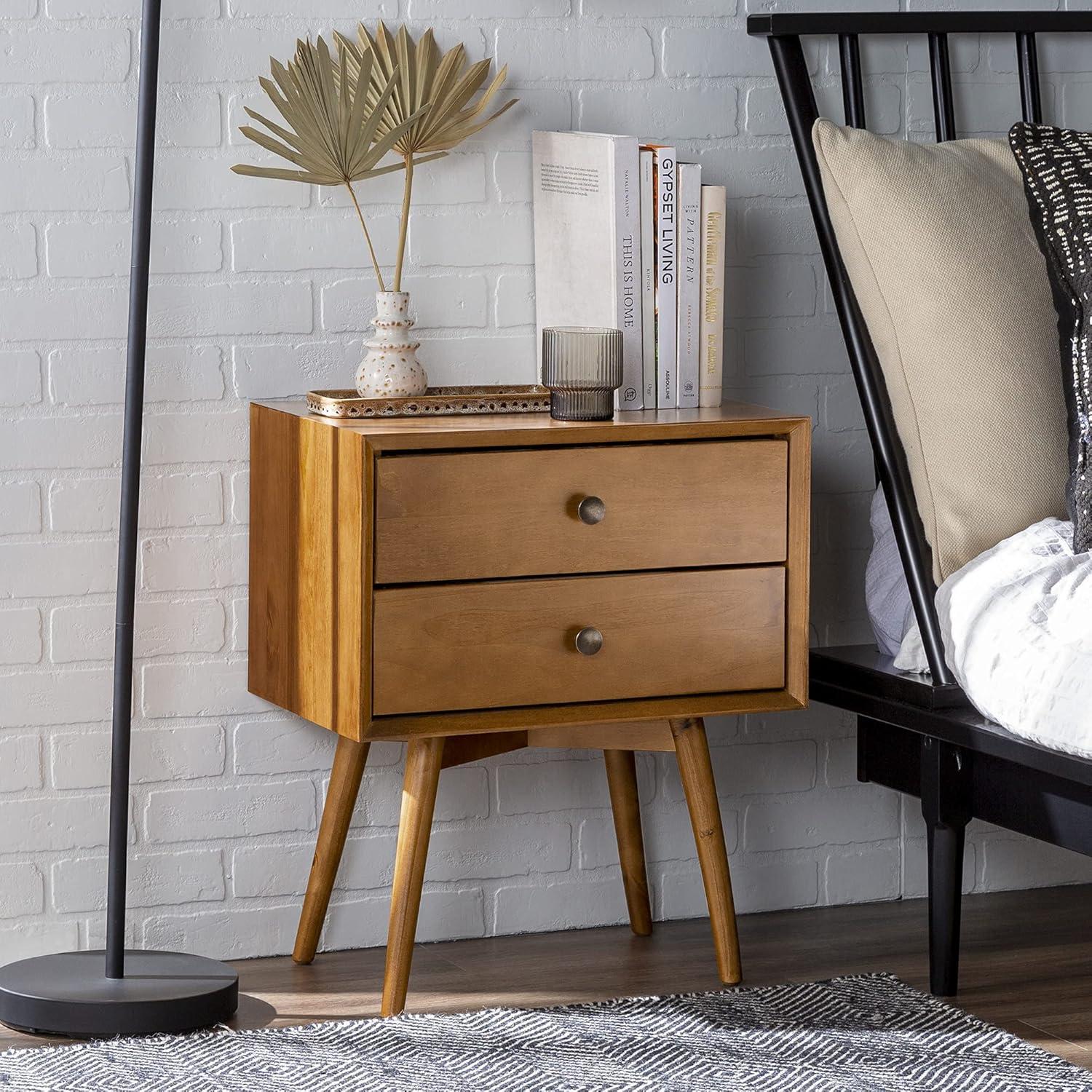 Greenberg 2 Drawer Mid-Century Modern Solid Wood Nightstand Caramel - Saracina Home: Pine, Beveled Edges, Antique-Finish Knobs
