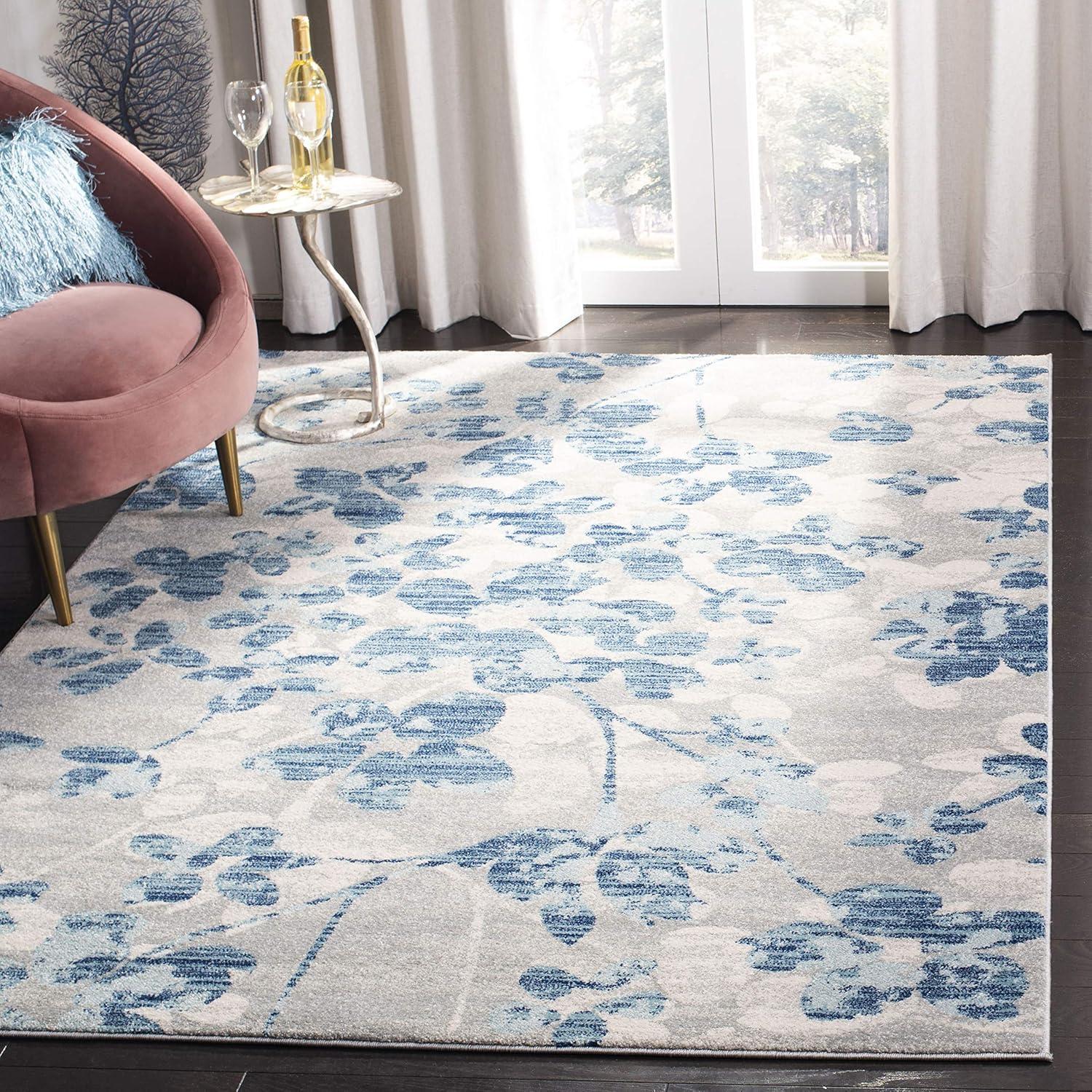 Grey and Light Blue Floral Synthetic Area Rug, 6'7" x 9'