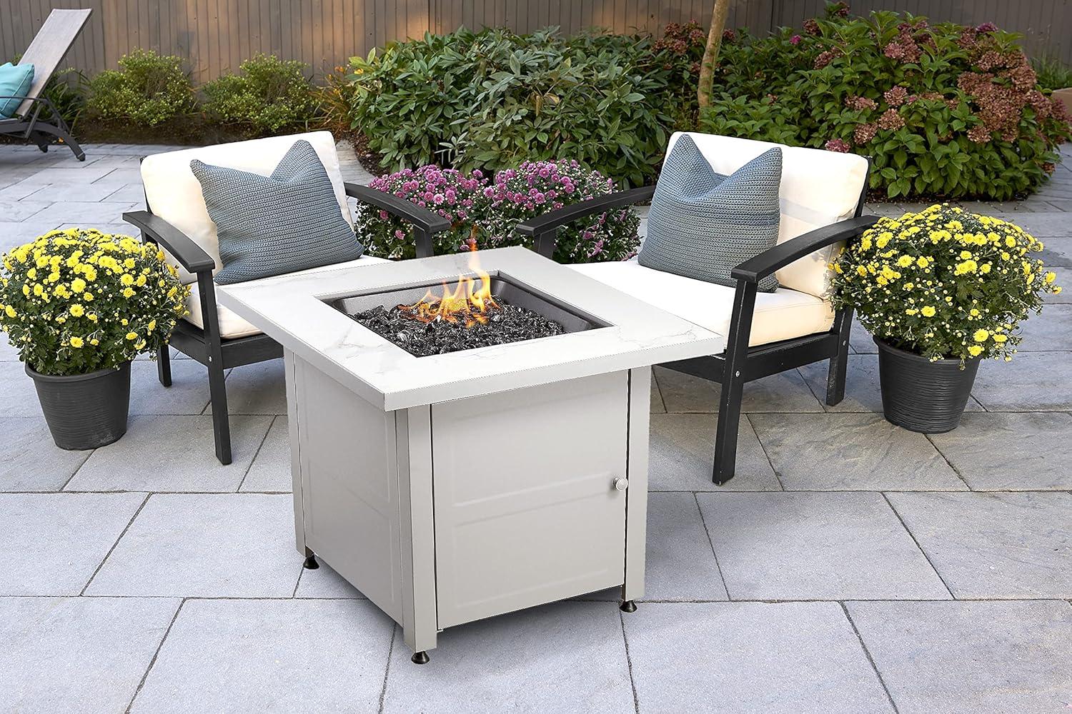 Mr. Bar-B-Q Endless Summer All Weather Outdoor Fire Pit Table with Faux Marble Finish, Black Glass