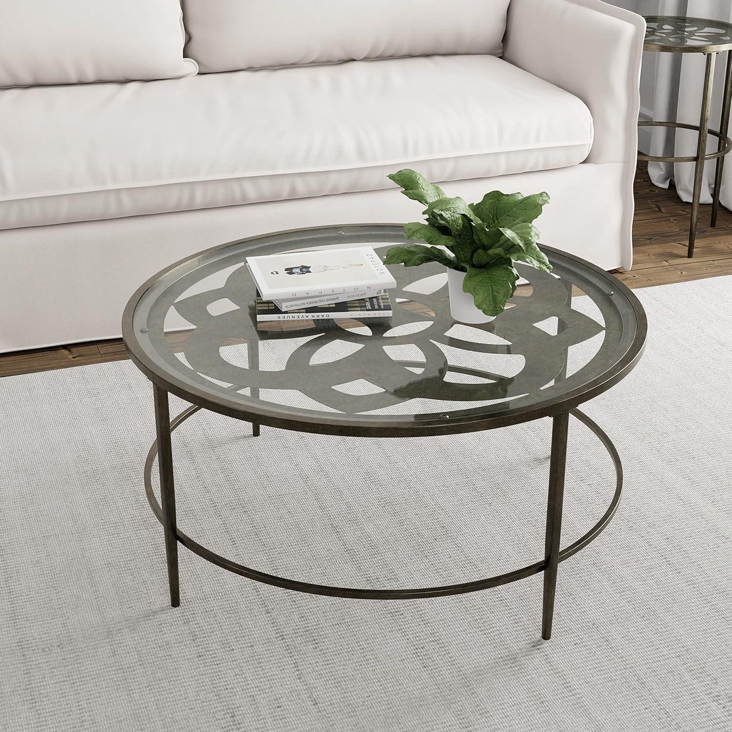 Marsala Traditional Round Metal Coffee Table with Glass Top