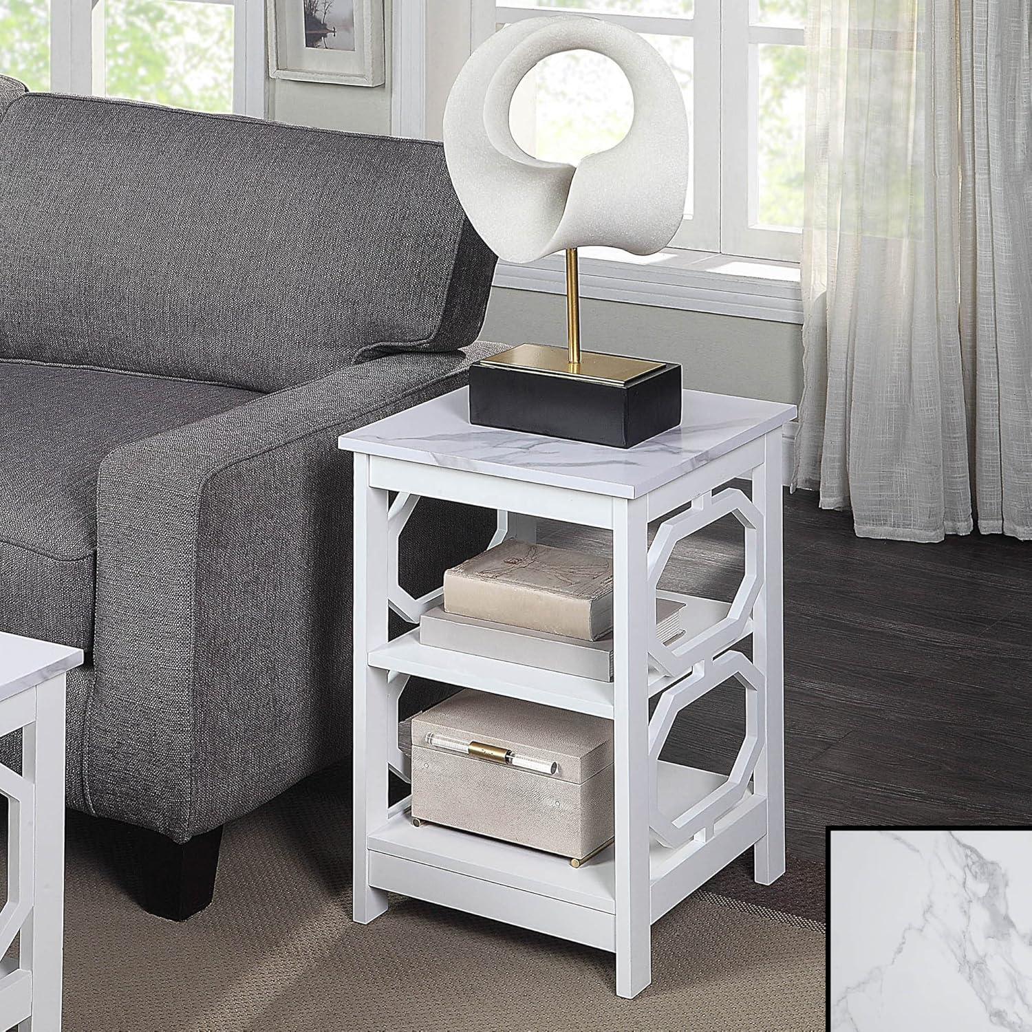 Convenience Concepts Omega End Table with Shelves, White Faux Marble/White