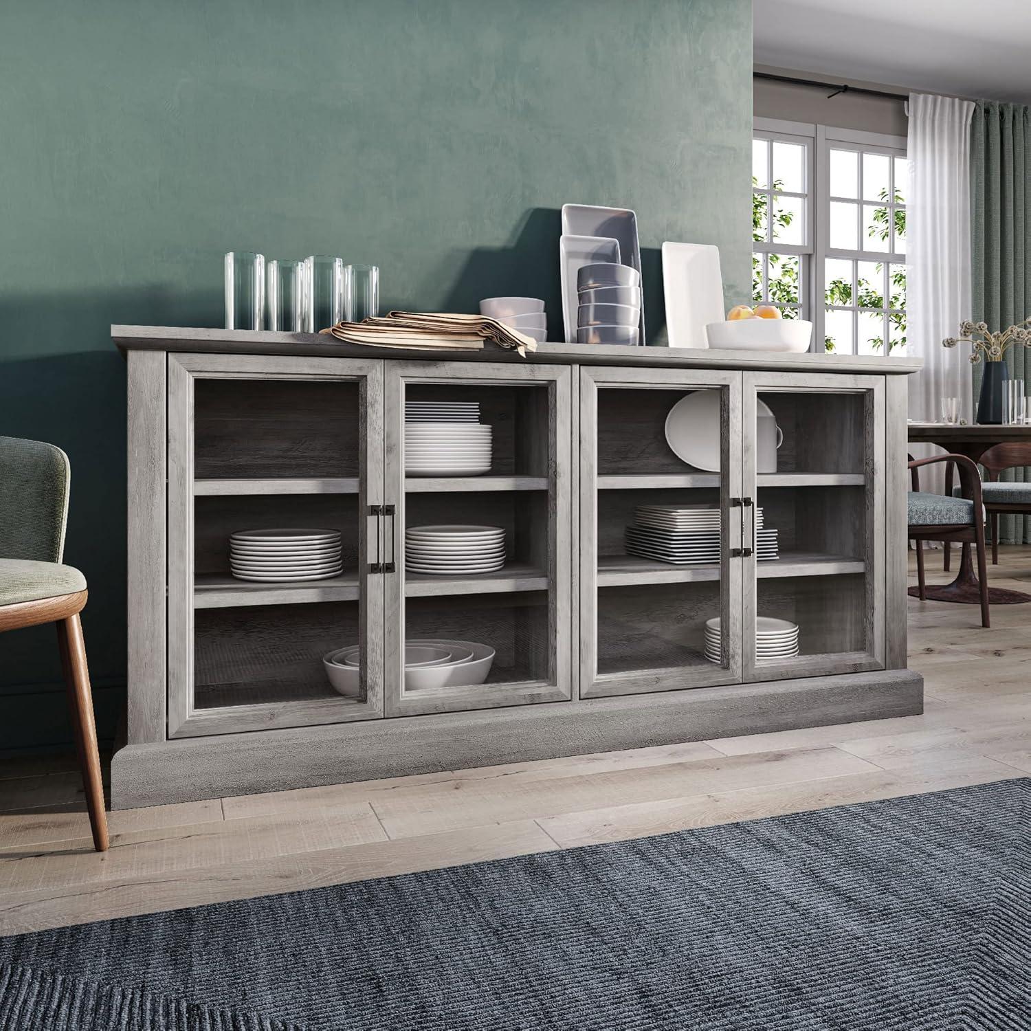 Gray Wash Modern Farmhouse Wood Sideboard Buffet with Glass Doors