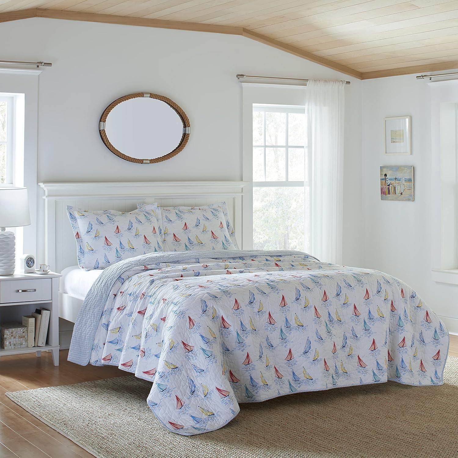 Ahoy Blue Cotton Reversible King Quilt Set