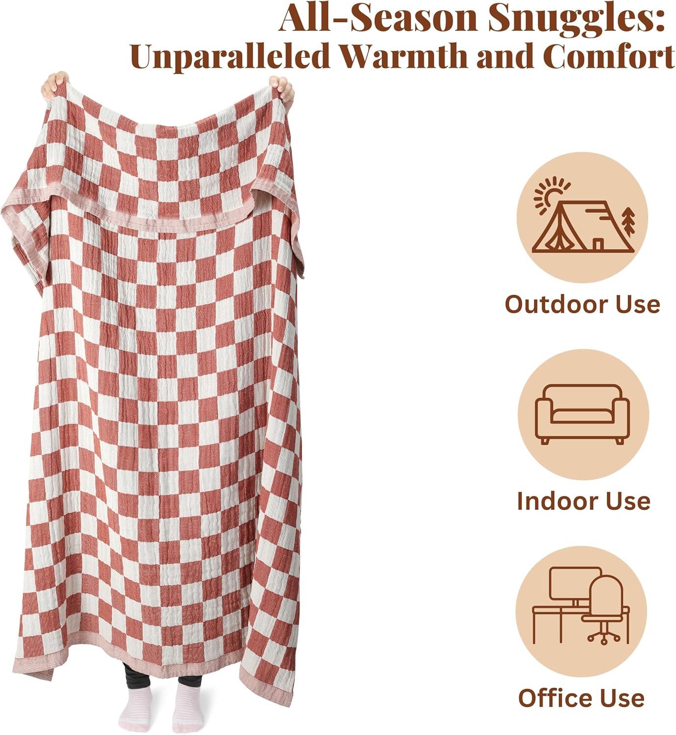 100% Cotton Throw Blanket, Rust Checks, 50x60in, Soft, Lightweight, Travel, Napping, All Seasons, Machine Wash (Rust)