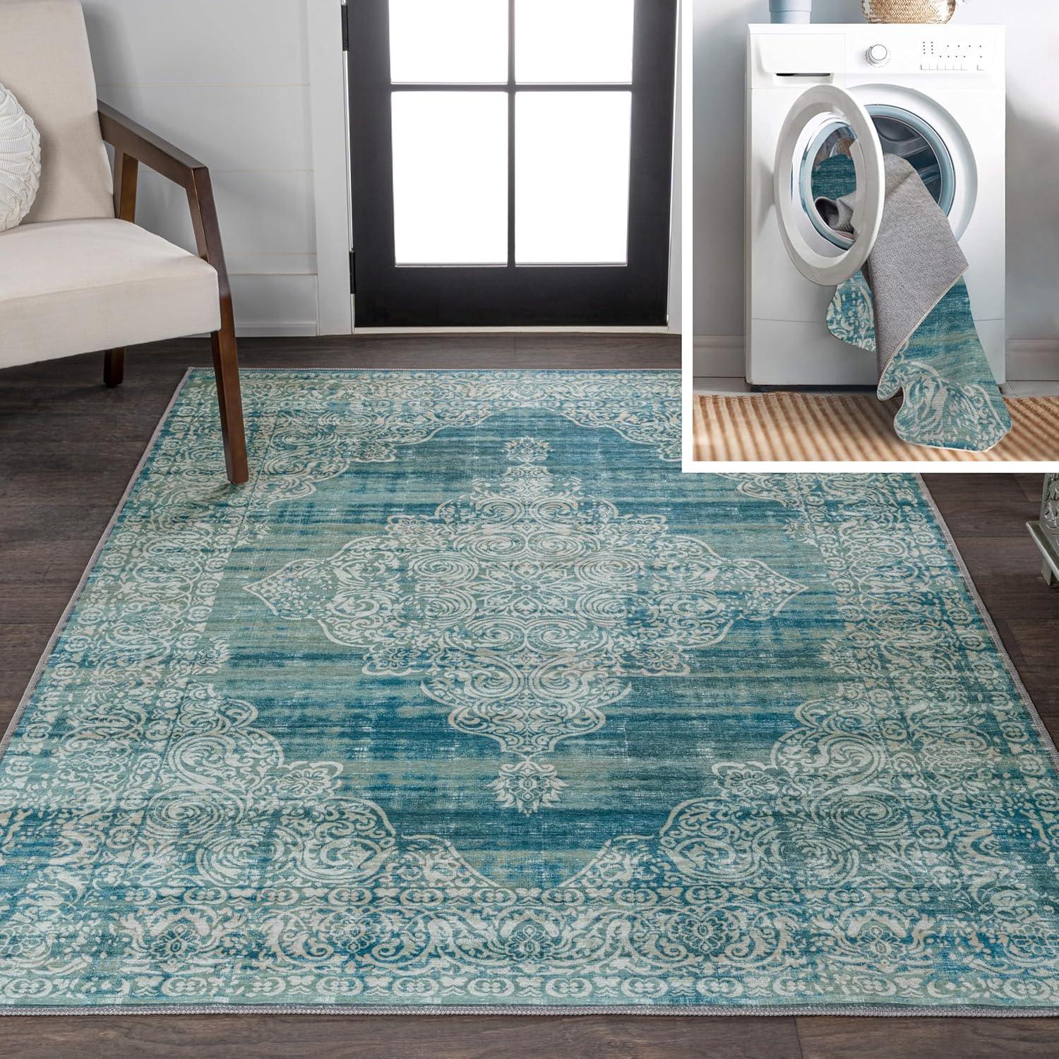 Teal and Cream Medallion Washable Synthetic Area Rug