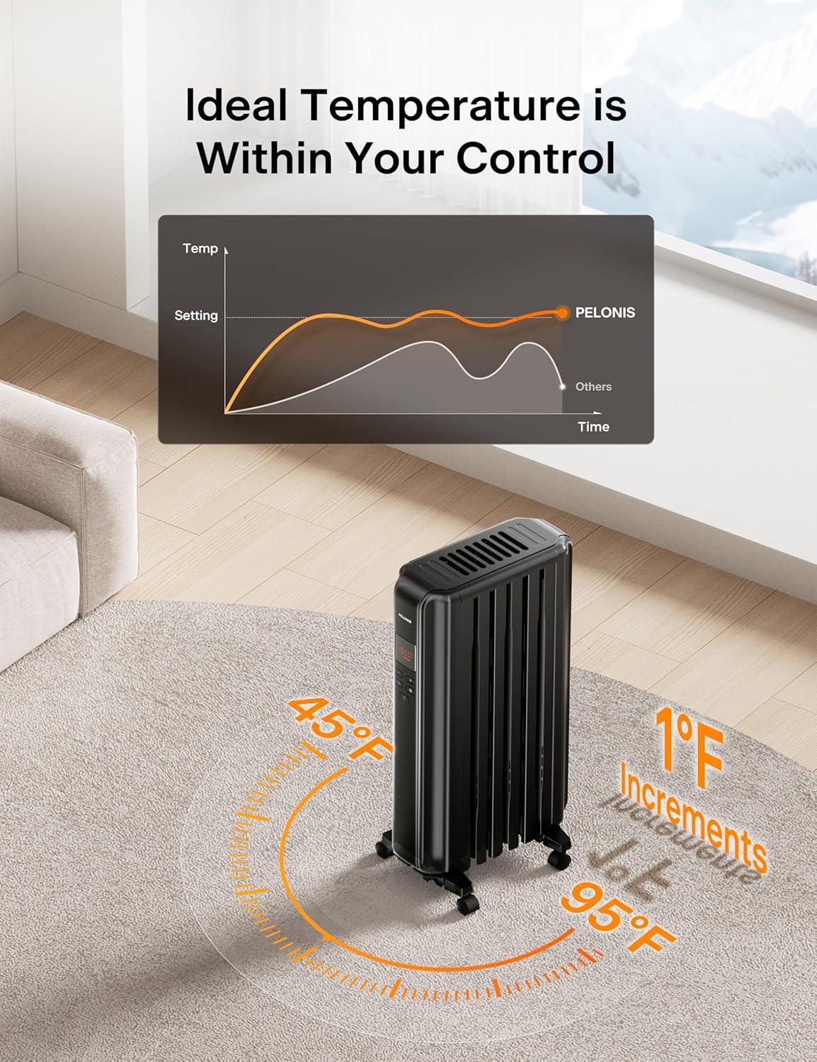 PELONIS PSHO06MR6ASB 1500W Oil Filled Radiator Heater, Remote, ECO, Quiet, Safe for Large Rooms