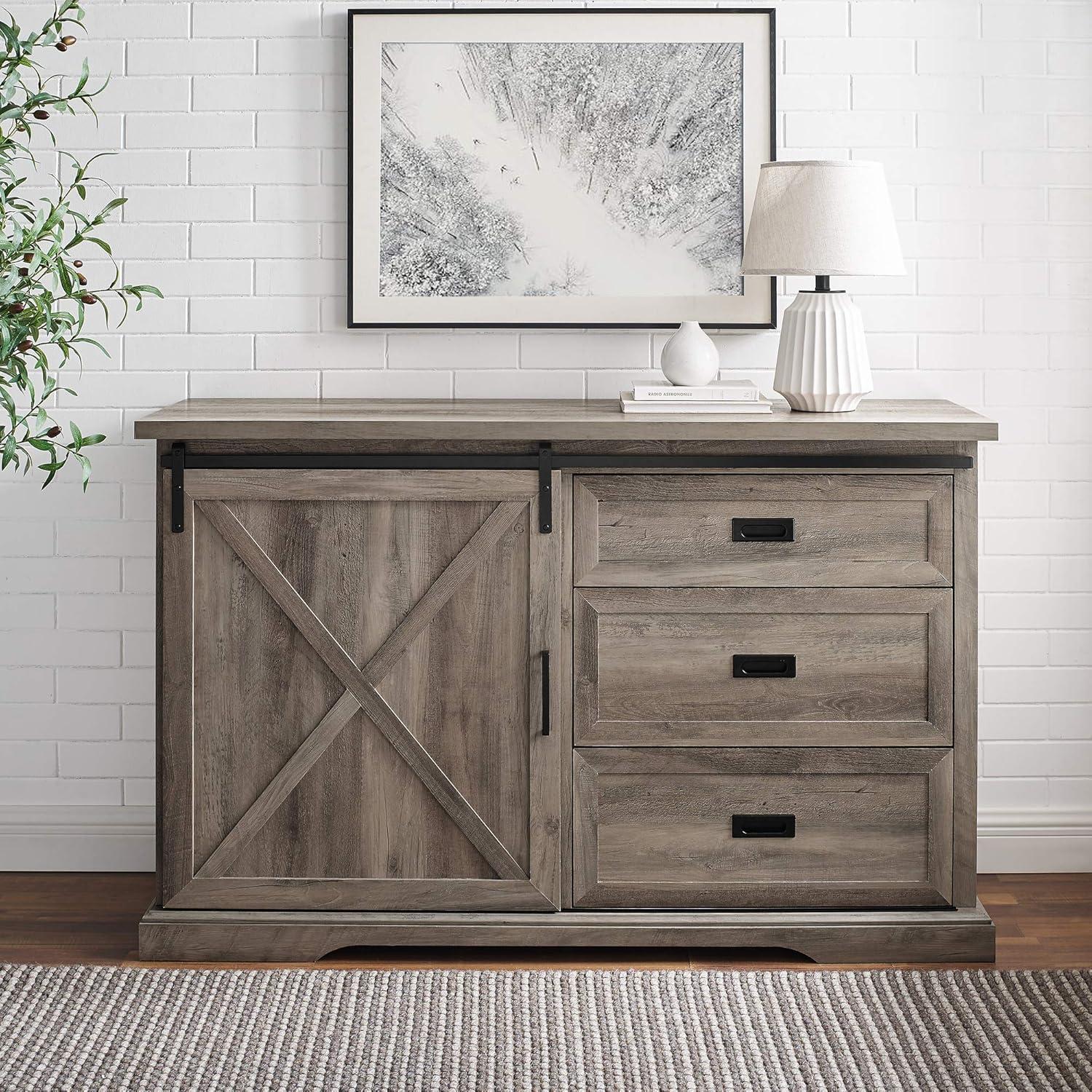 Walker Edison Modern Farmhouse Wood Sliding X Barn Door Buffet Sideboard Living Room Entryway Serving Storage Cabinet Doors-Dining Room Console, 56 Inch, White and Rustic Oak