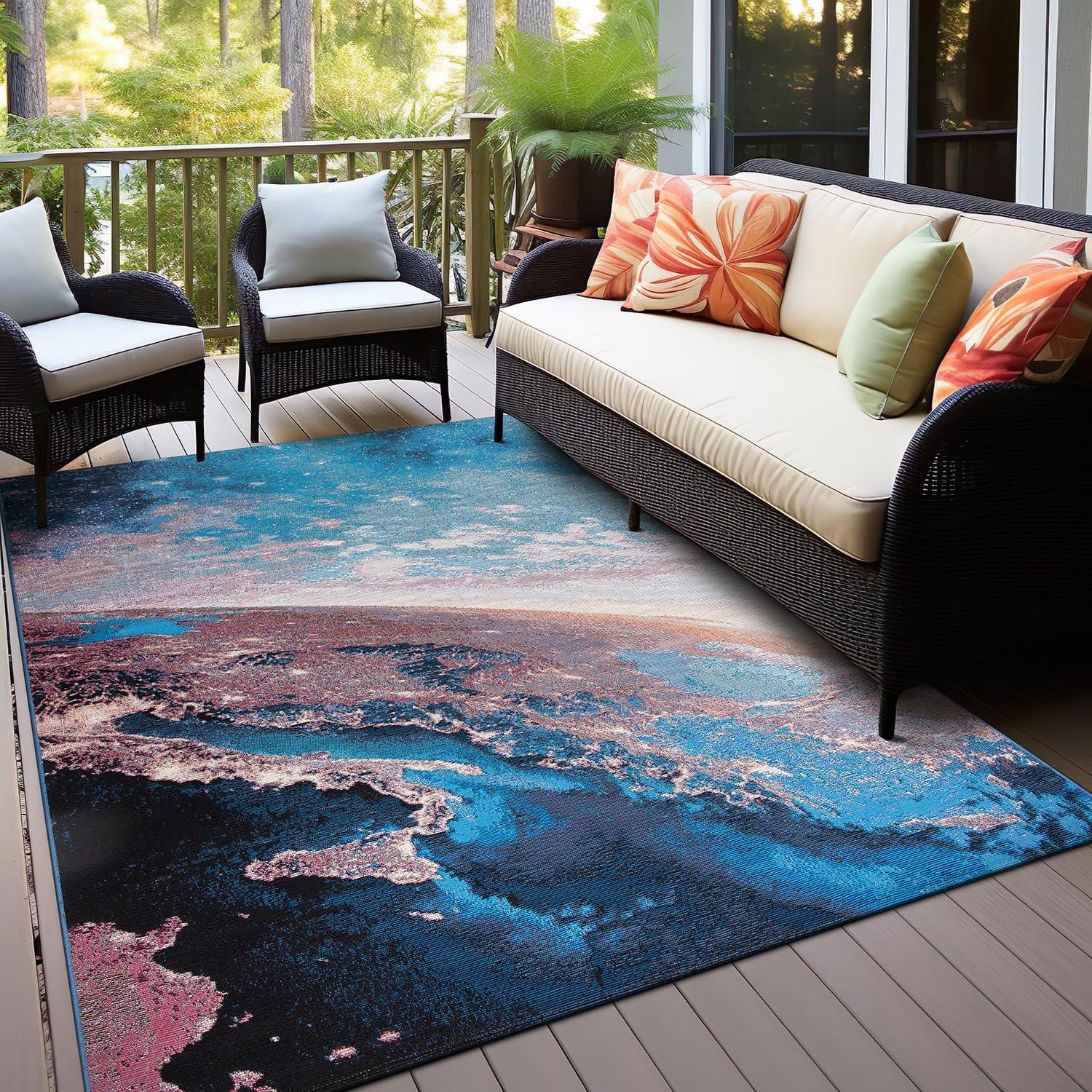 Cosmic Galaxy Red and Blue Rectangular Synthetic Rug 5' x 7'