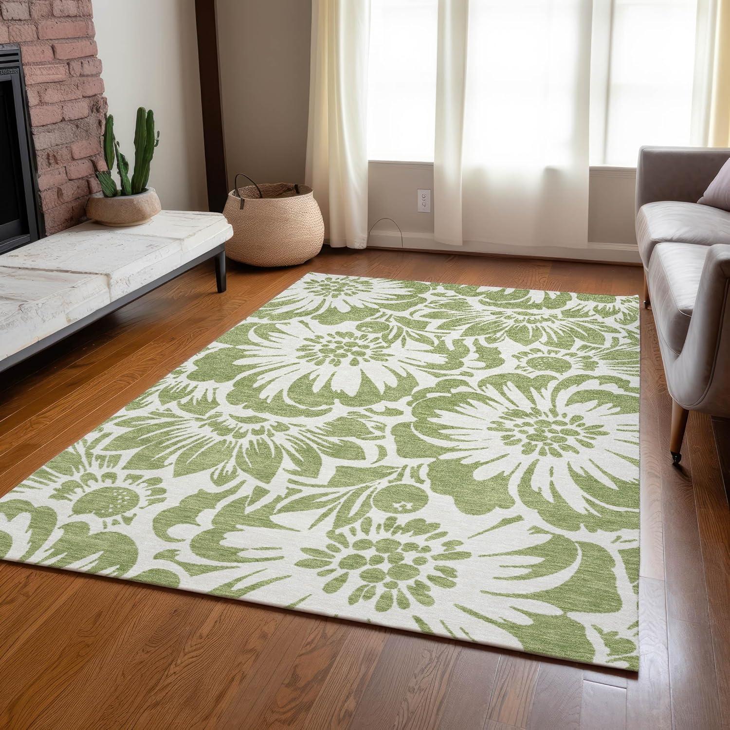 Aloe Green Floral Synthetic Washable 3' x 5' Area Rug