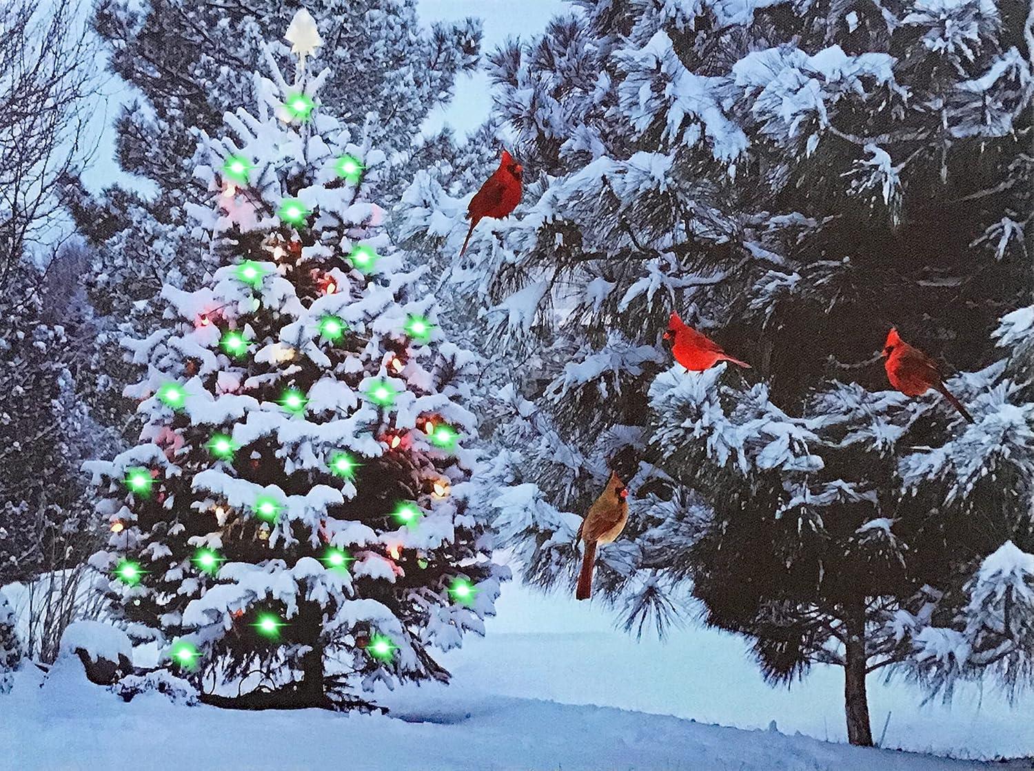 Lighted Christmas Tree and Cardinals LED Canvas Print with Wood Frame