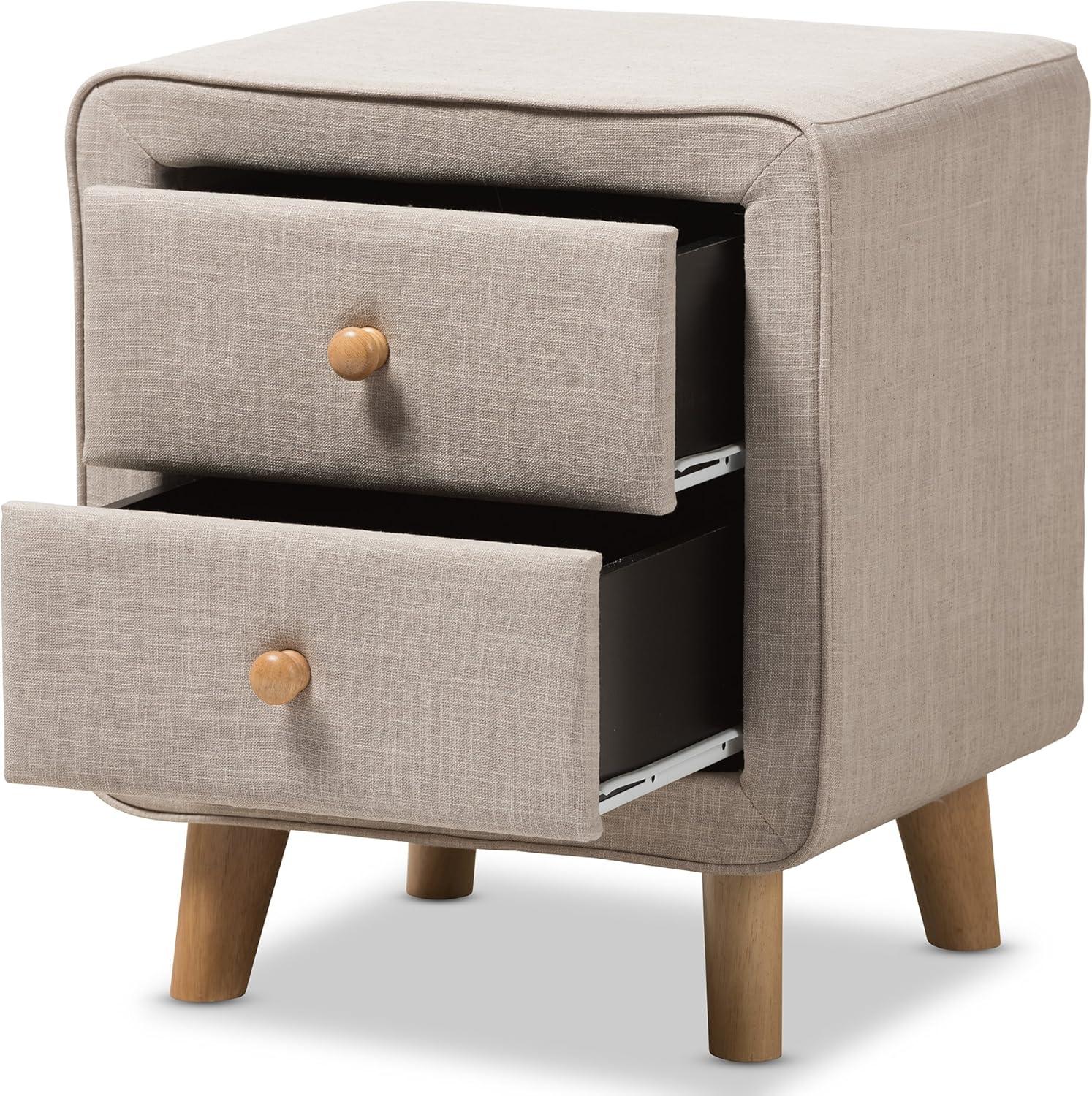 Baxton Studio Jonesy Mid-Century Beige Linen Upholstered 2-Drawer Nightstand