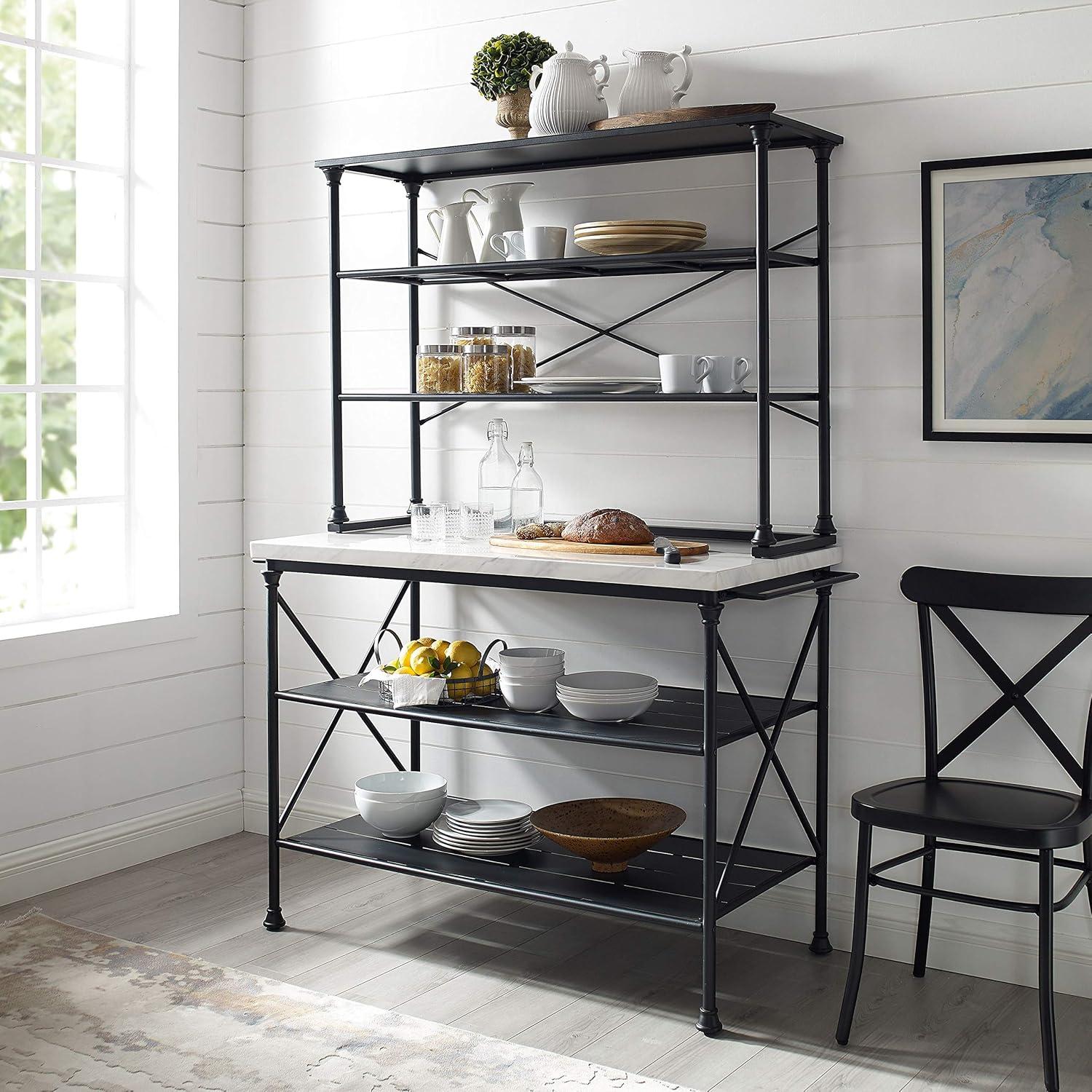 Elegant Madeleine Matte Black Kitchen Island with Faux Marble Top and Hutch