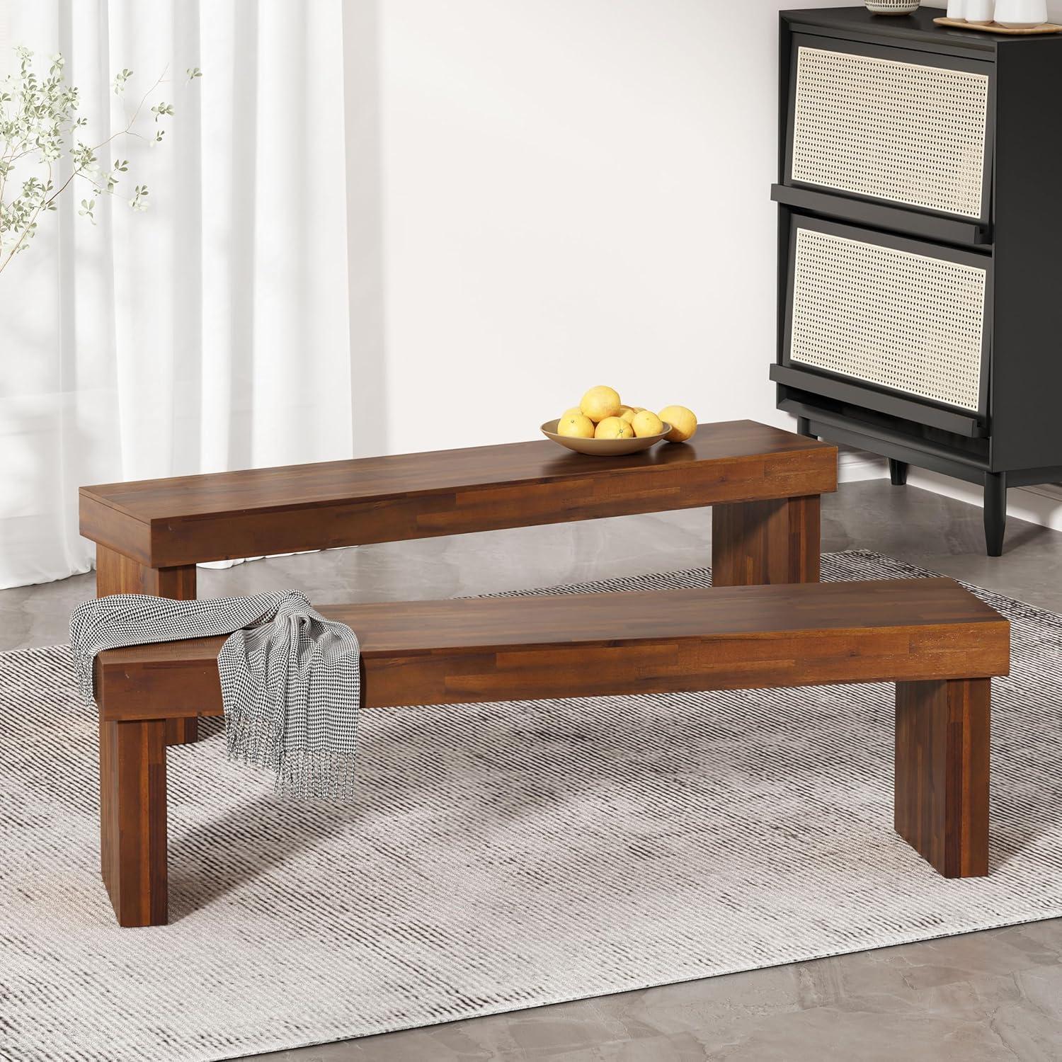 Logan Rustic Acacia Wood Dining Benches Set in Rich Mahogany