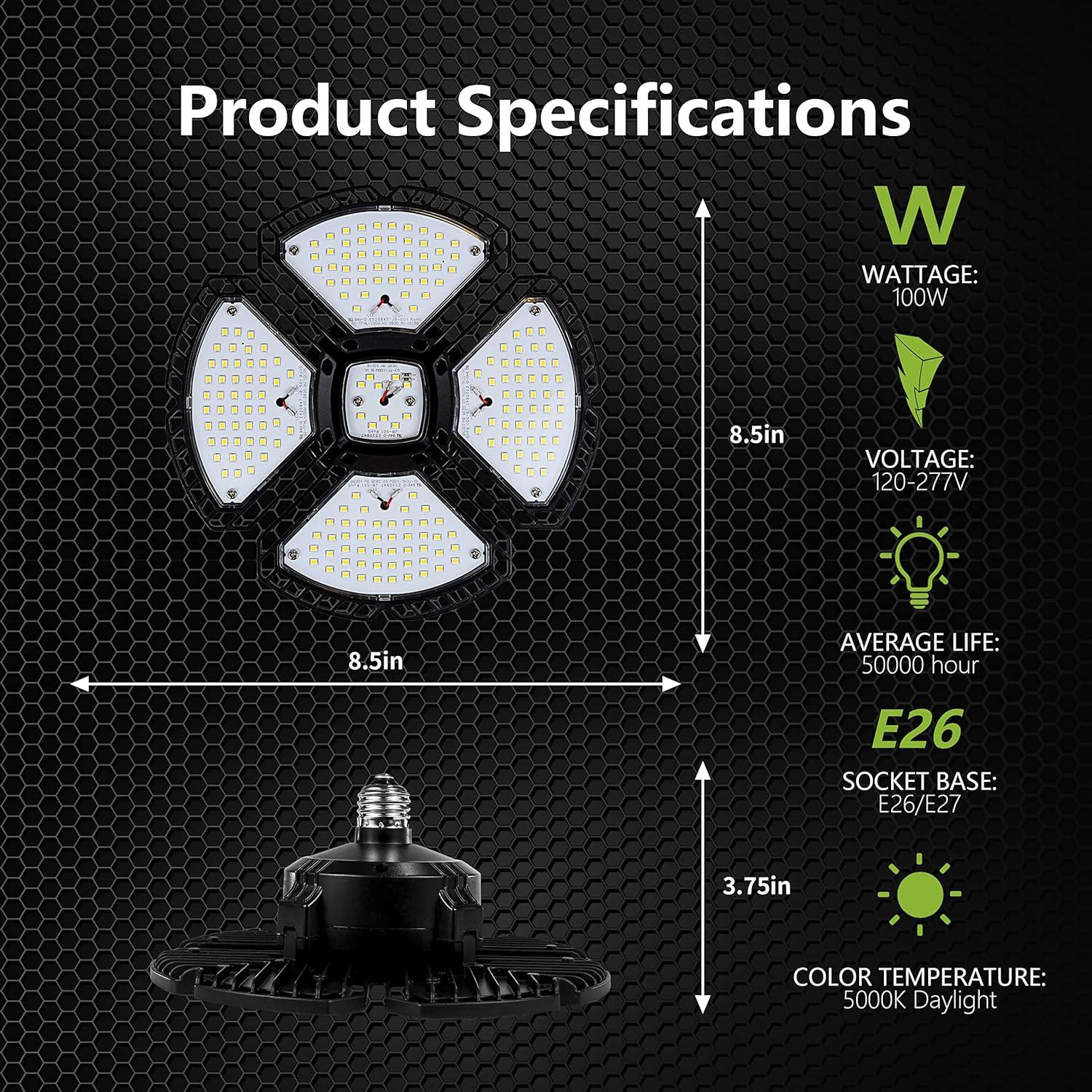 LED Garage Light,100W (900W Equivalent) 15000 Lumen 4-Head Deformable Ceiling Light, 5000K Daylight