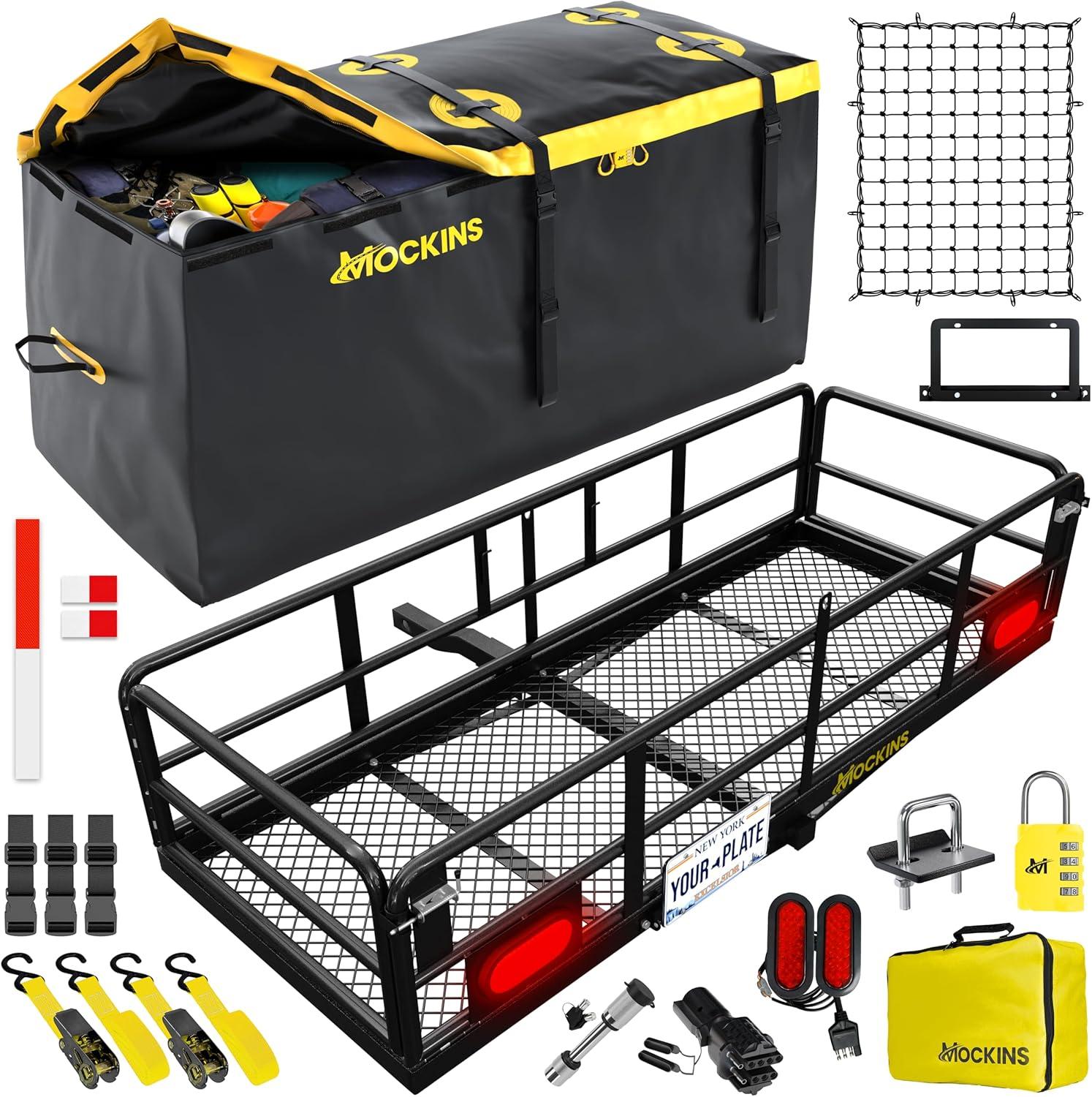 Mockins 60"x24"x14" High Rail Hitch Cargo Carrier with Rear Lights and 30 Cu.Ft. Yellow Cargo Bag