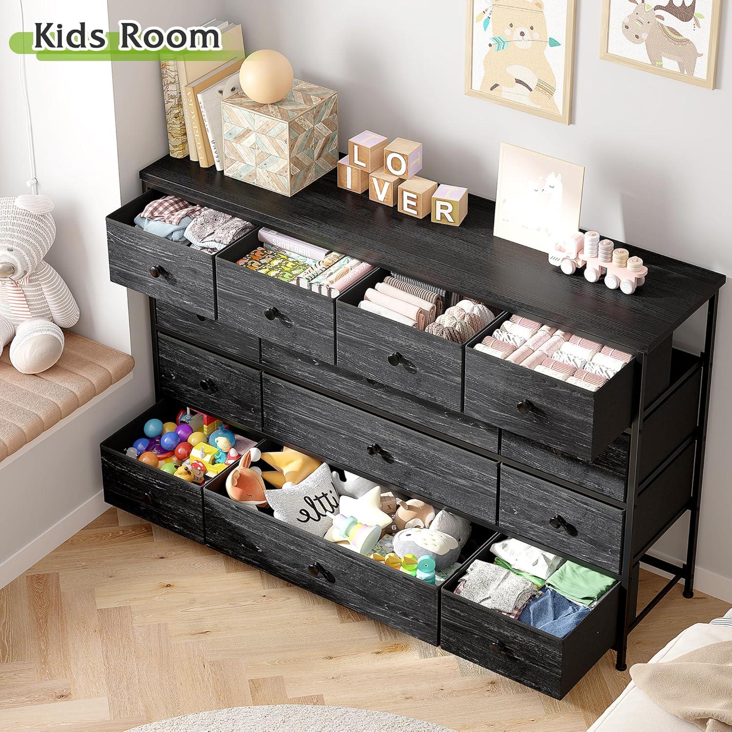 EnHomee 55"W Dresser for Bedroom Black Fabric Dresser with 13 Drawers Long Dressers & Chests of Drawers for , Living Room,Entryway