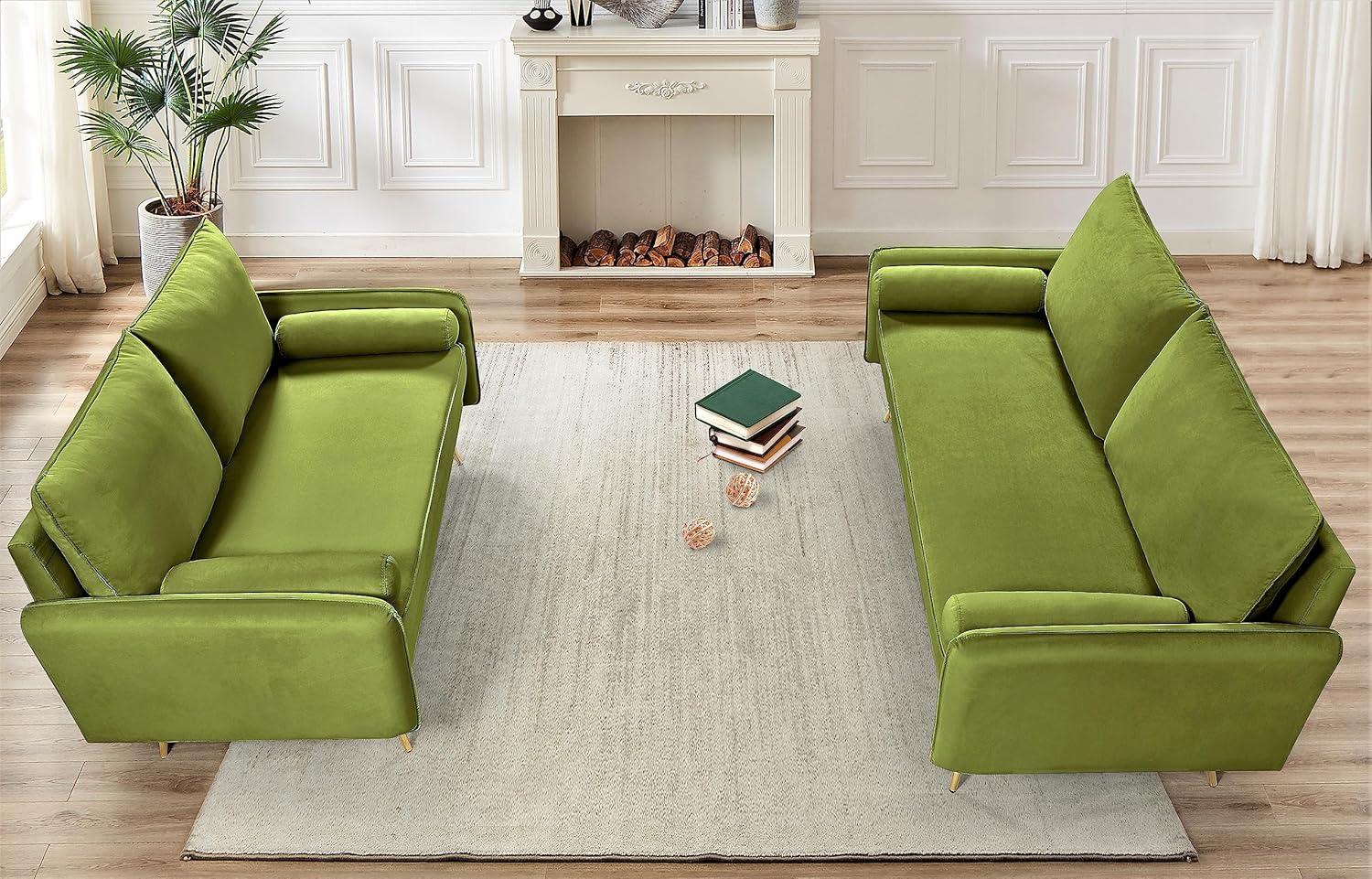 Olive Green Velvet Modern Loveseat with Tapered Legs