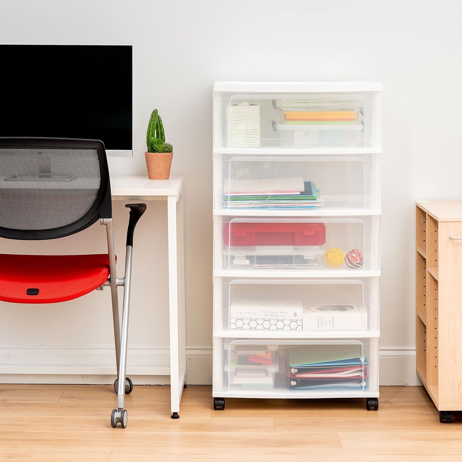 IRIS USA 5 Drawer Wide Storage Drawer Cart with Caster Wheels, Plastic Rolling Dresser for Home Closet Bedroom Bathroom Office Laundry, White/Clear