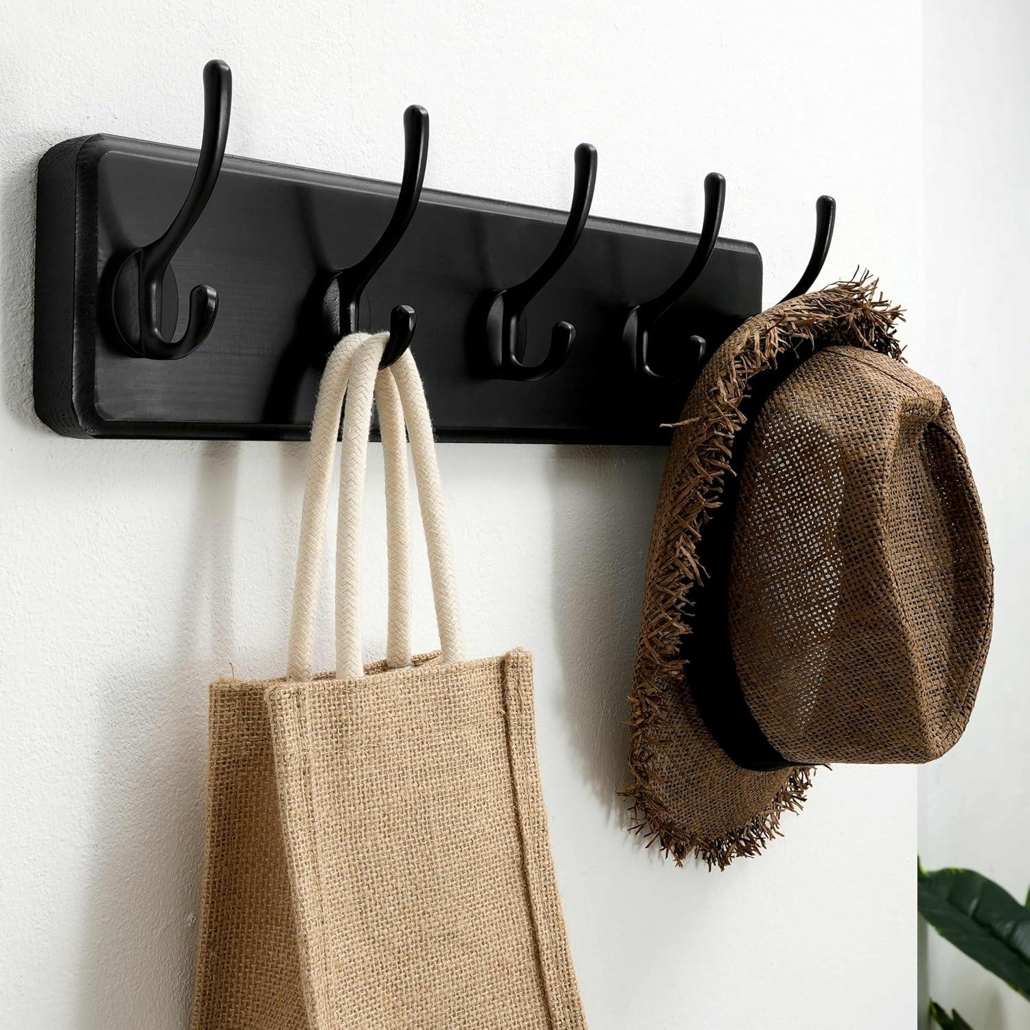 Rustic Black Pine Wall Mounted Coat Rack with 5 Hooks