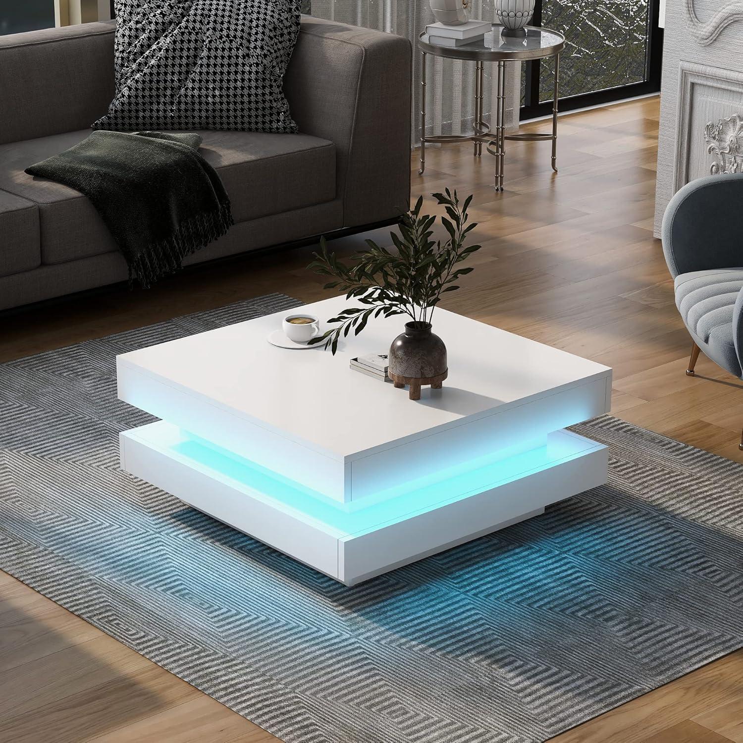 White Square LED Coffee Table with Storage and High Gloss Finish