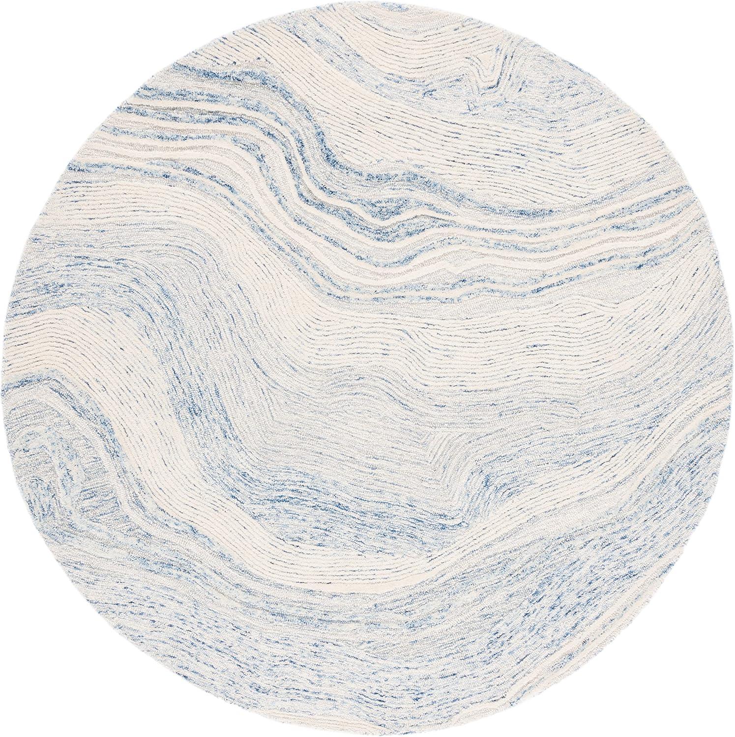 Round Blue and Ivory Tufted Wool Area Rug